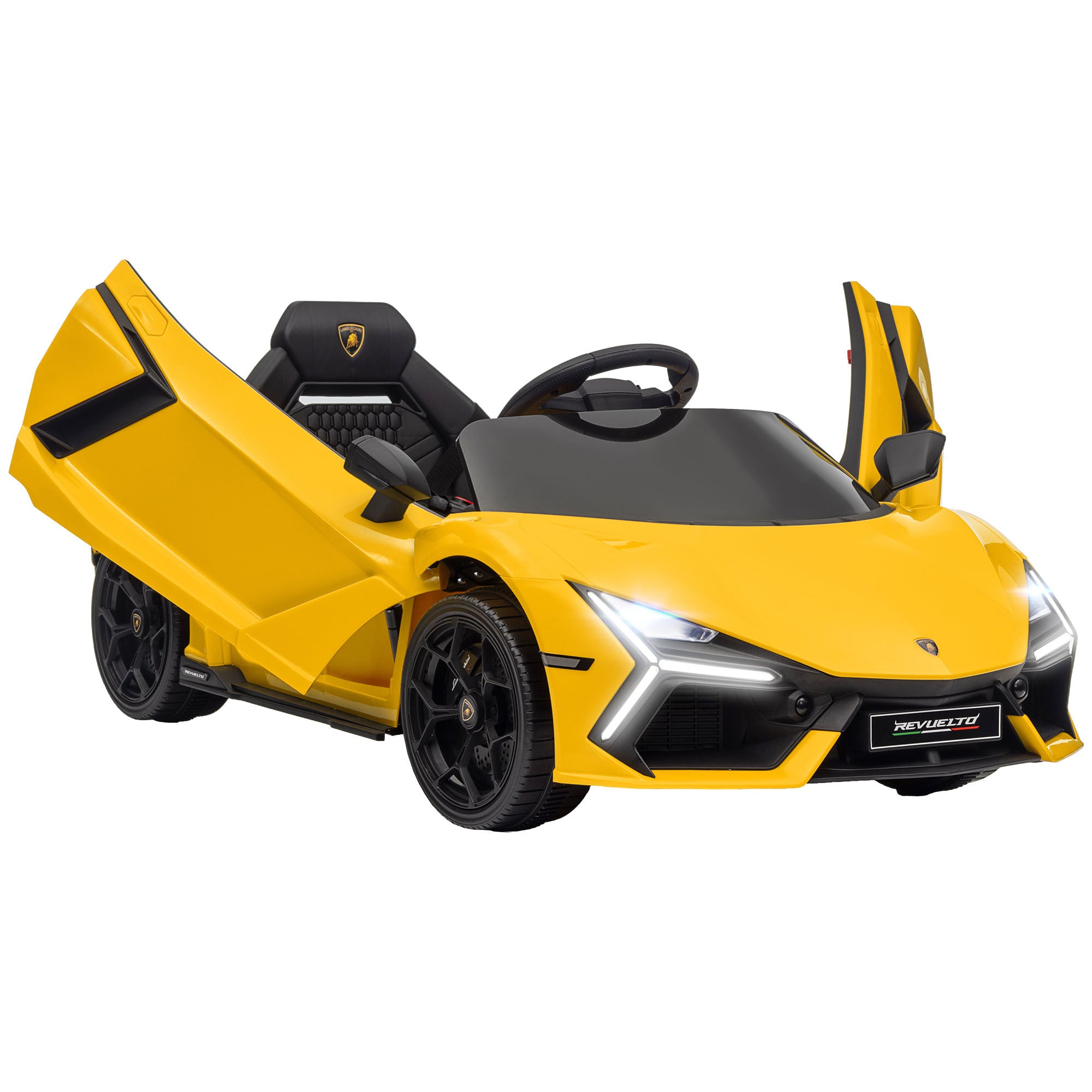 Qaba Lamborghini Revuelto Licensed 12V Kids Electric Car, Battery Powered Ride on Car with Hydraulic Doors, Remote Control, Transport Wheels, Spring Suspension, Music, Lights, 3 Speeds, Yellow
