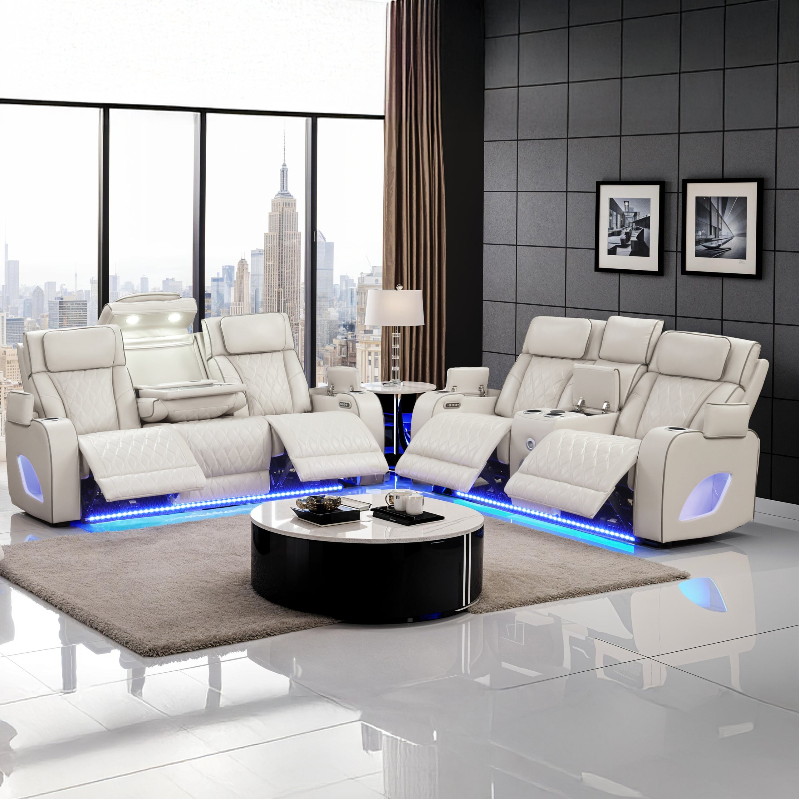 Fortuner Modern Style Upholstery Recliner 2PC Livingroom Set Made with Wood & Massage Function Included-Beige(NJ inventory)