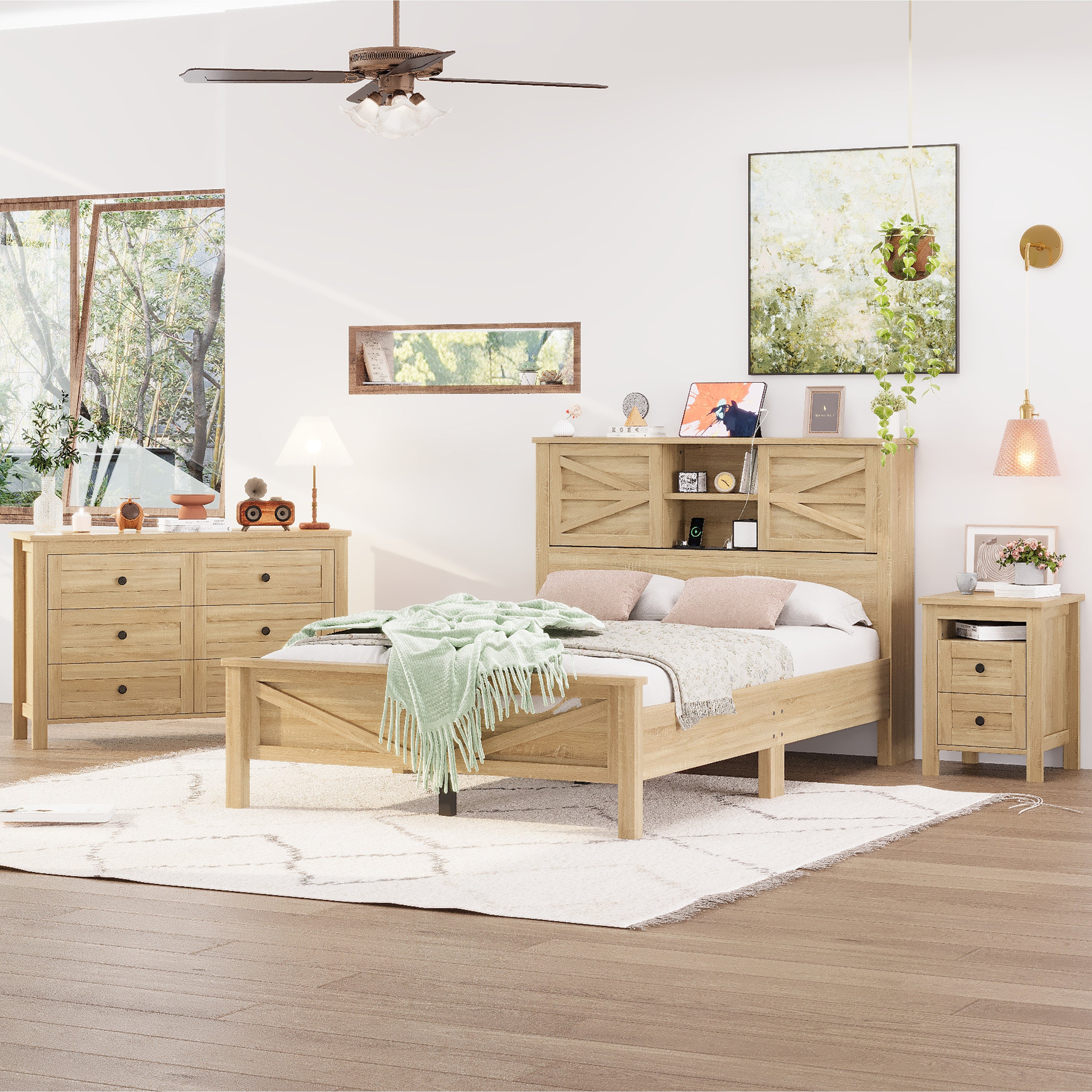 3-Pieces Bedroom Sets Full Size Farmhouse Platform Bed with Double Sliding Door Storage Headboard and Charging Station, Storage Nightstand and Dresser, Natural