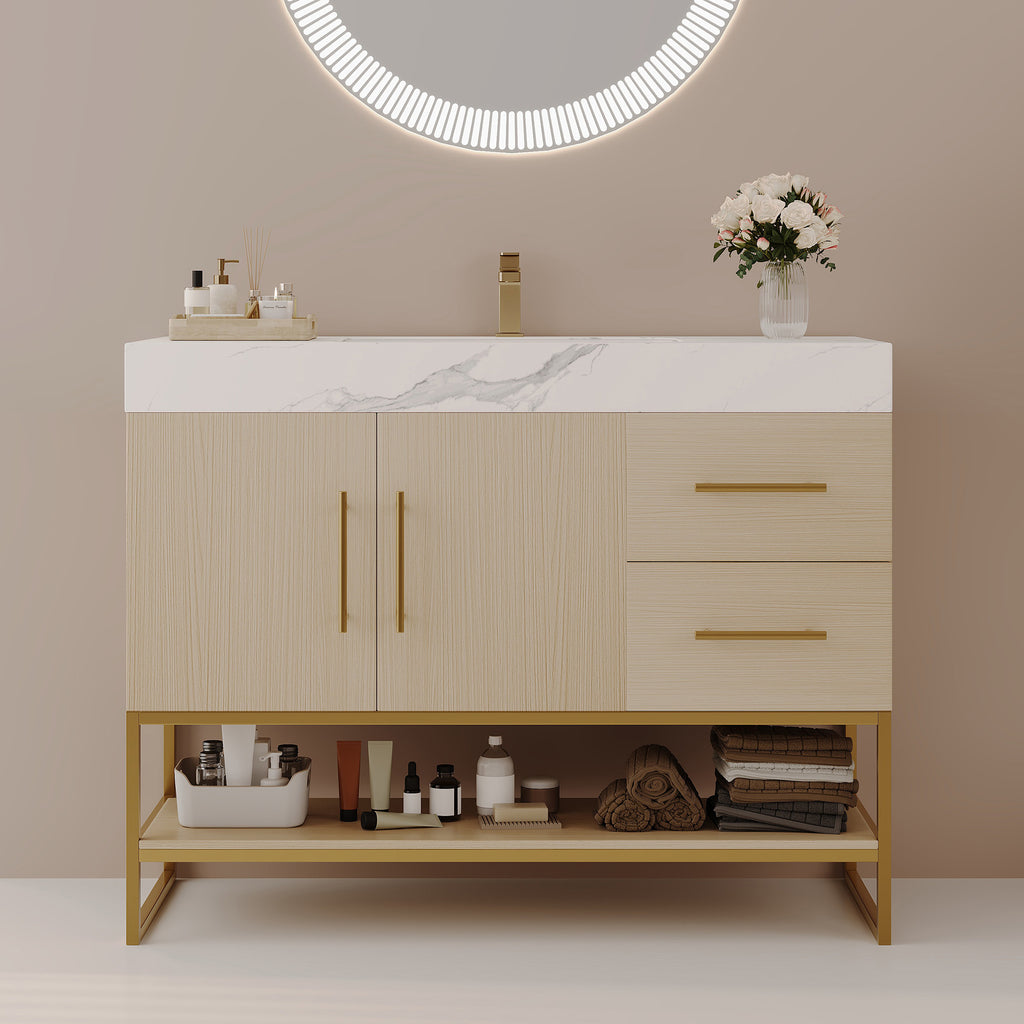 36' Modern Bathroom Vanity with Seamless Ceramic Sink & Gold Accent Free Standing Cabinet