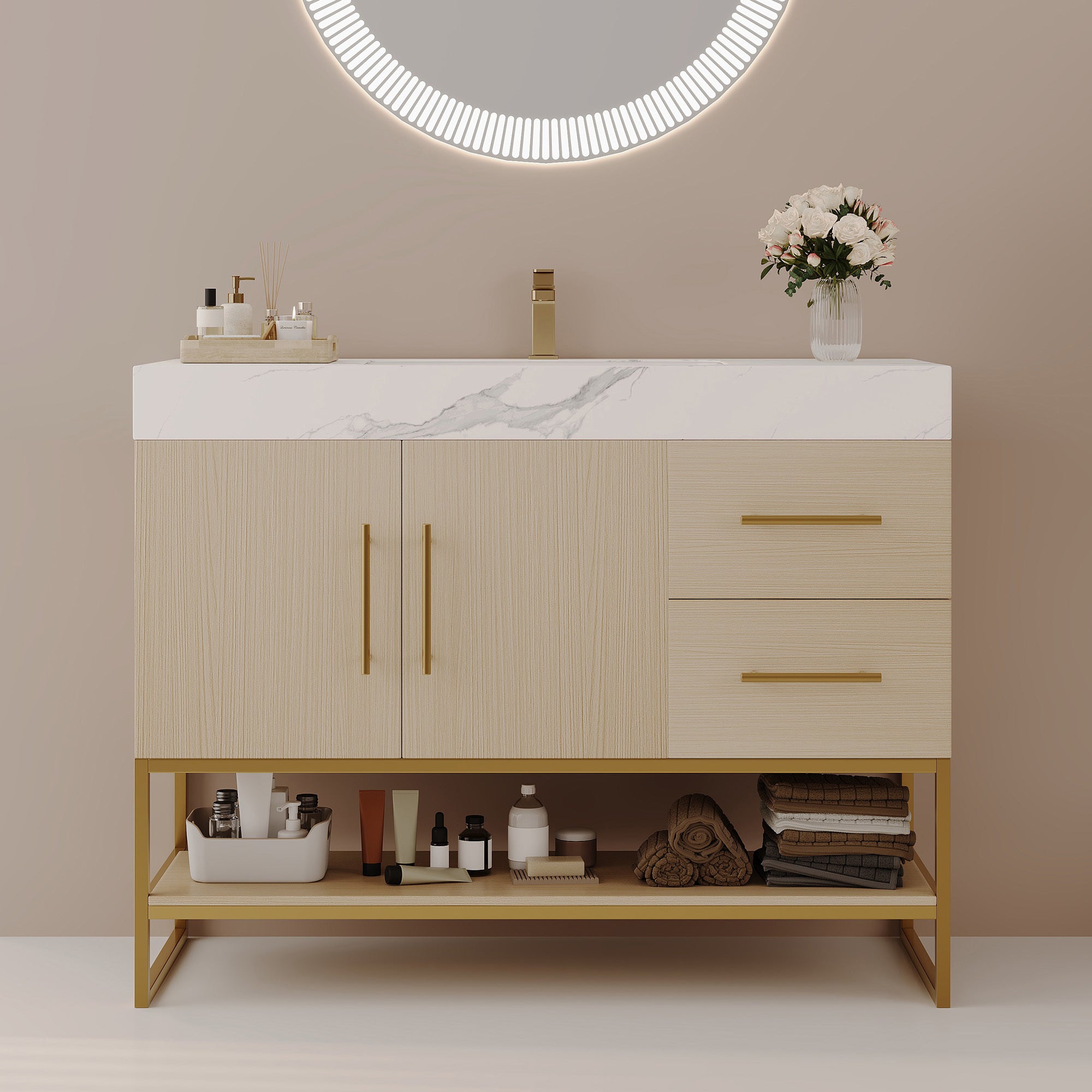 36' Modern Bathroom Vanity with Seamless Ceramic Sink & Gold Accent Free Standing Cabinet