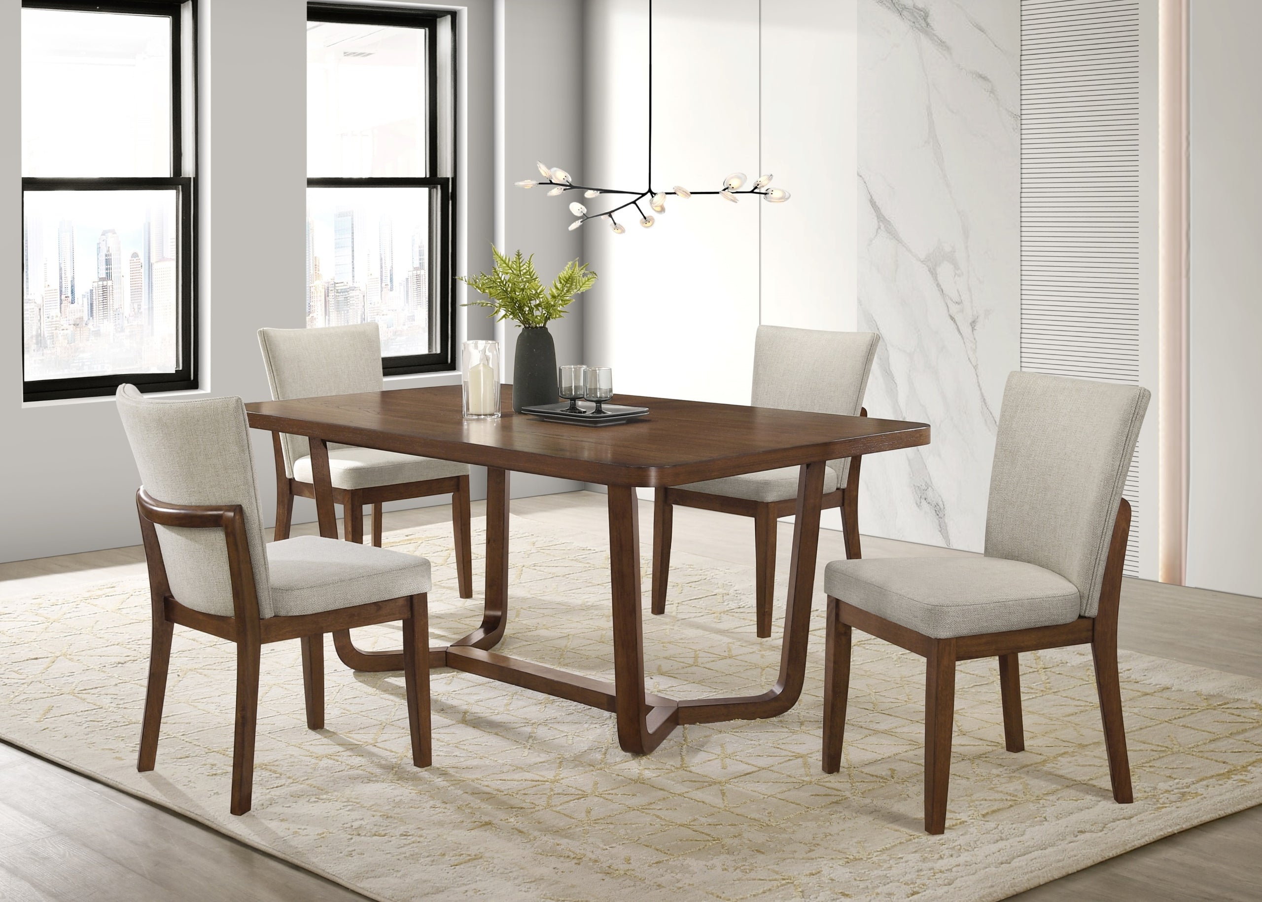 Mid-century Modern 5pc Dining Set Rectangular Unique Table Warm Wood Finish Upholstered Chairs Brown Wooden Dining Room Furniture
