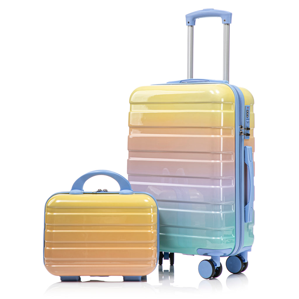 14'/20' 2 pcs/set in PC Spinner Wheel Luggage, Carry on Suitcase, With Gradient Color and Combination Lock(Blue+Yellow)