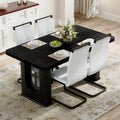 Table and chair set.64.5 x 35.4 Inch Stylish Black Wood Color Textured Dining Table.Paired with 4 White PU chairs with Black Featuring arched black legs.Exudes A Strong Sense Of Fashion.