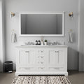 White Double Bath Vanity 60 in. W x 22 in. D, Carrara Marble Top, Faucet Set, and 58 in. Mirror