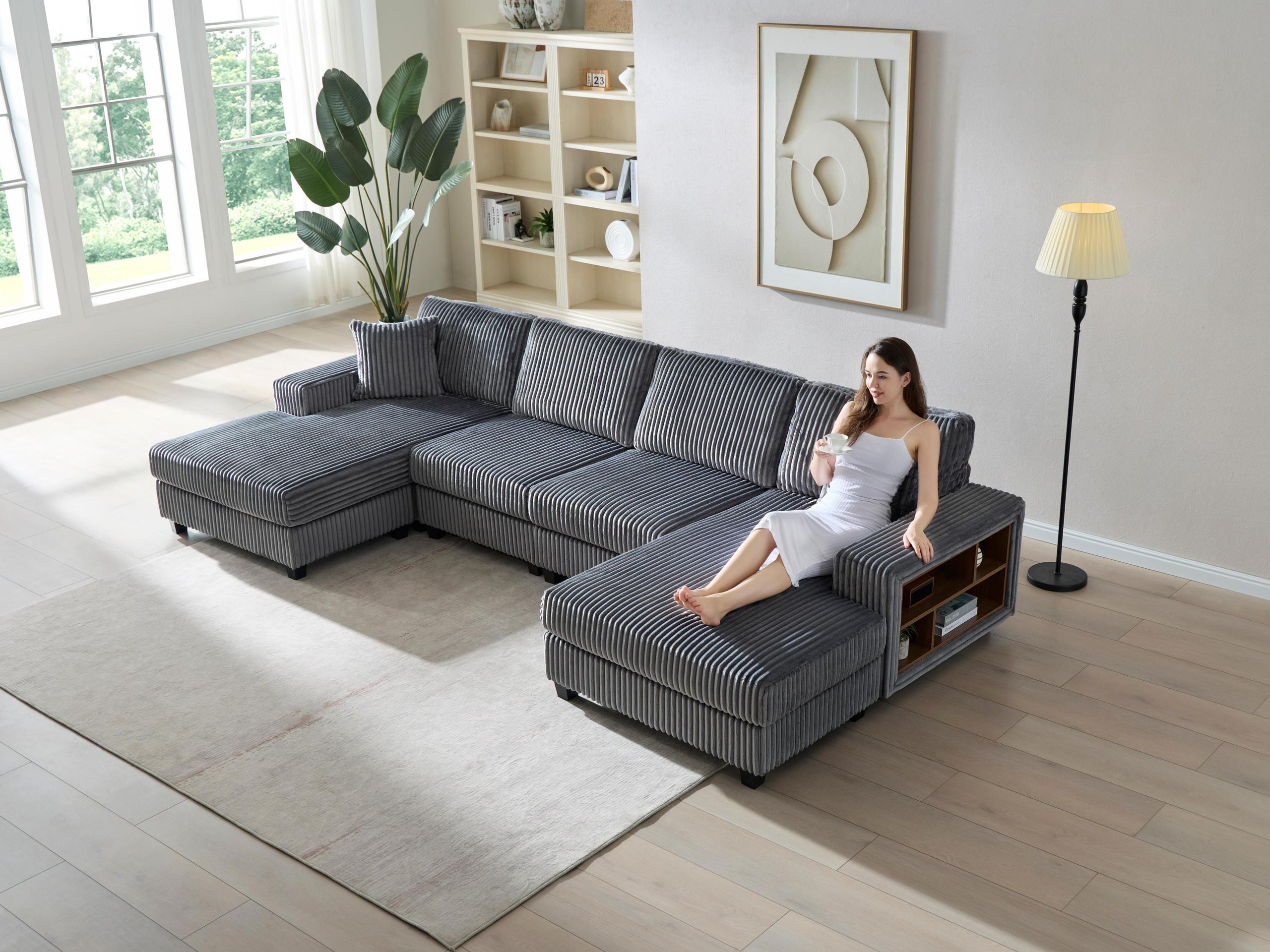 Convertible U-shaped Combination Sofa, Corduroy Fabric, Modern Comfortable Large Size 4 Seat Sofa, Living Room Double Lounge Chair , Dark Grey