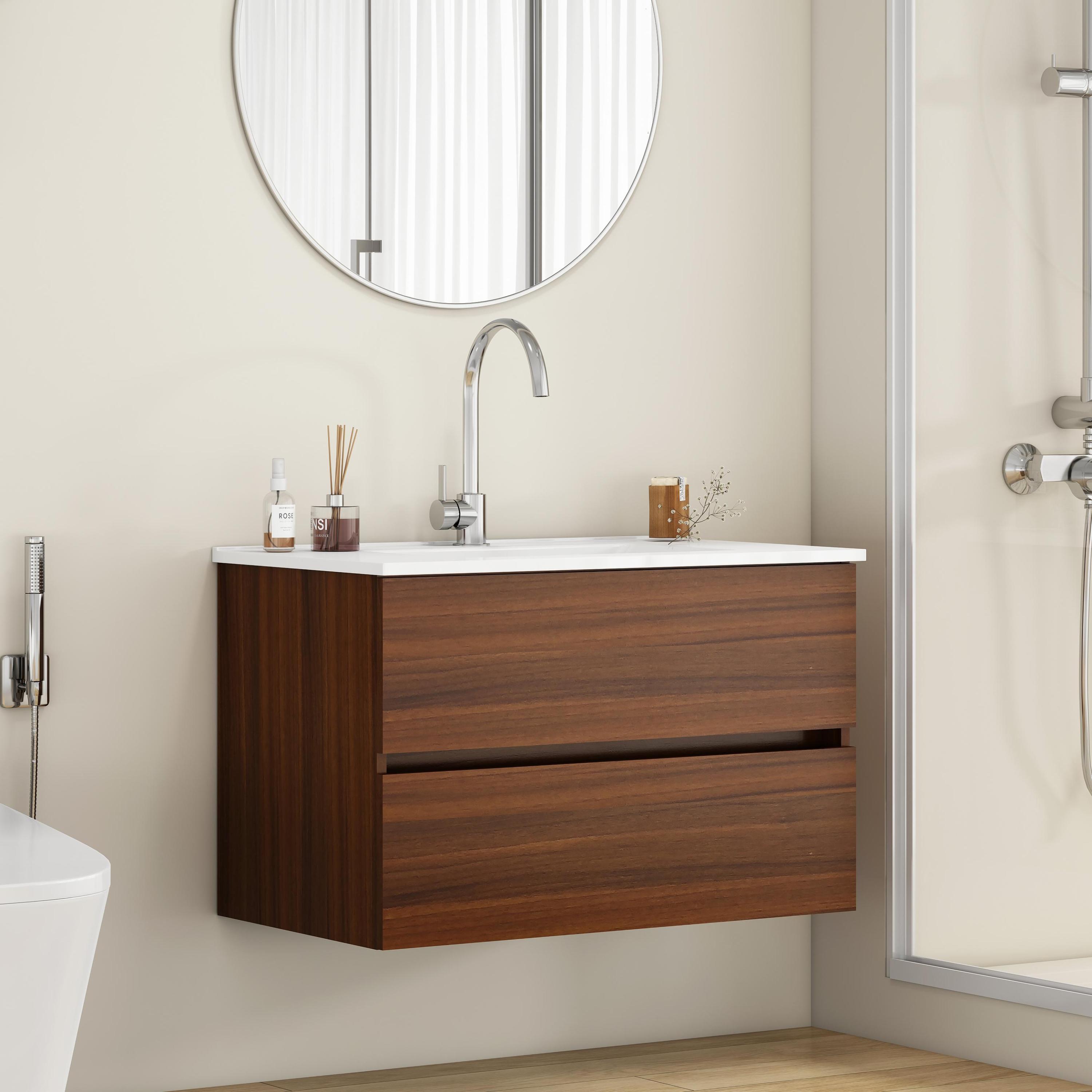 32-Inch Wall-Mounted Bathroom Vanity with Double Drawers, Soft-Close System,Ceramic Sink,No Handle Design,Solid Wood,Easy to Install,The Faucet Is Not Included,Walnut