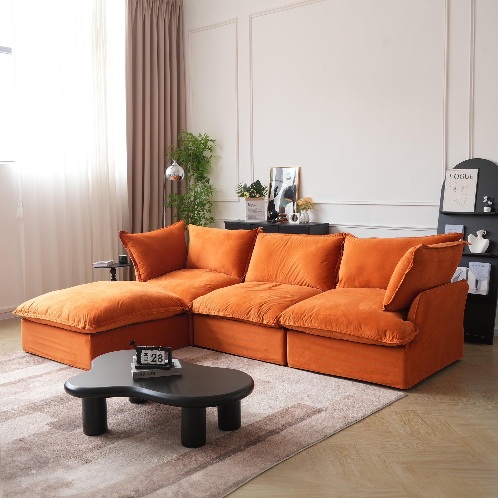 Sky Classic Velvet Cloud Sofa Pet-Friendly Cover 123-Inch Velvet L-Shaped Sectionals 4-Seaters Orange