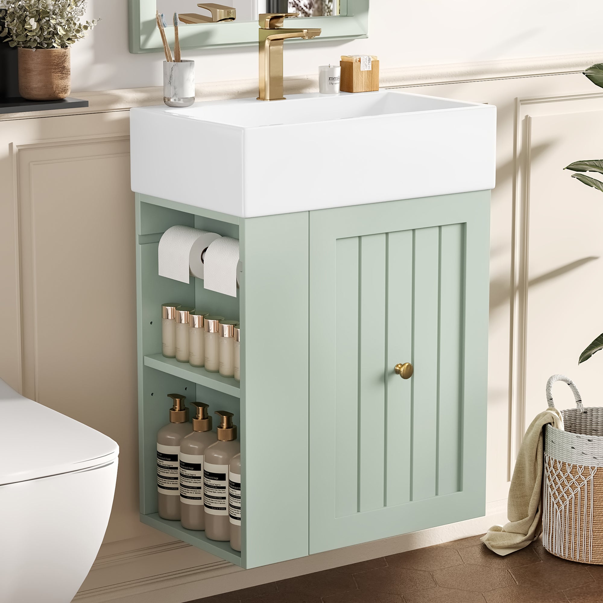 20-Inch Bathroom Vanity with Ceramic Sink, MDF Storage Cabinet with Drawer, Side Shelf & Golden Handle – Space-Saving Modern Vanity for Small Bathrooms