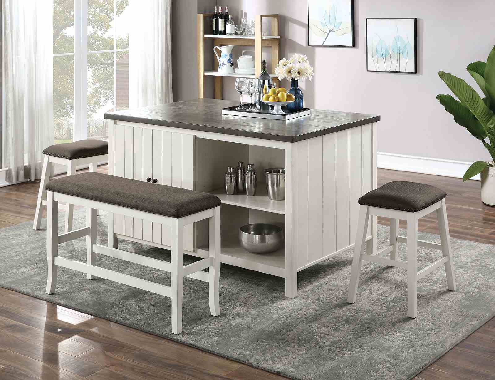 Modern 6pc Counter Height Dining Set Off White And Gray Dining Table 4x Stools And Bench Storage Shelve Table Base Dining Room