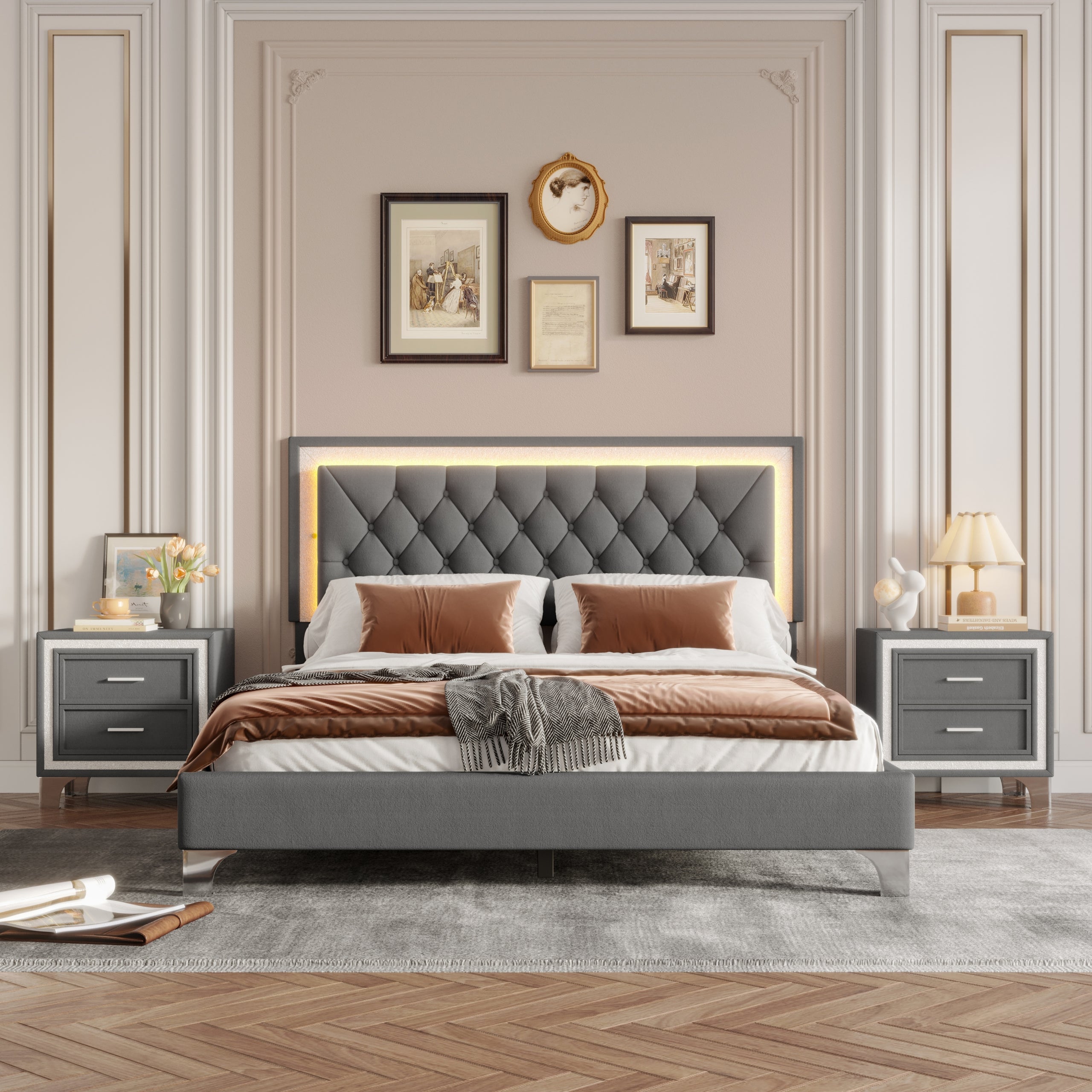 3-Pieces Bedroom Sets,Queen Size Upholstered Platform Bed with LED Lights and Two Nightstands-Gray