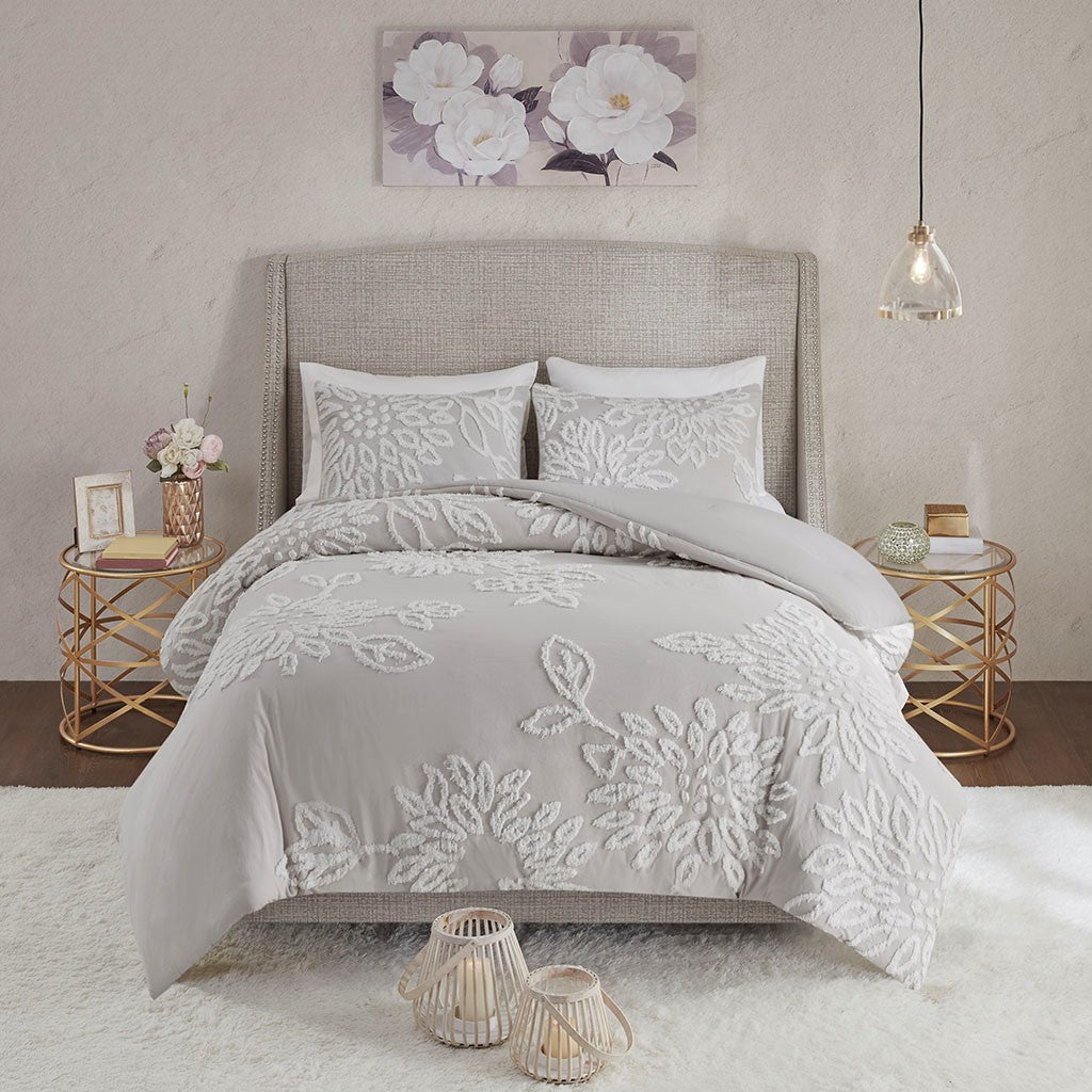Full/Queen 3 Piece Tufted Cotton Chenille Floral Duvet Cover Set