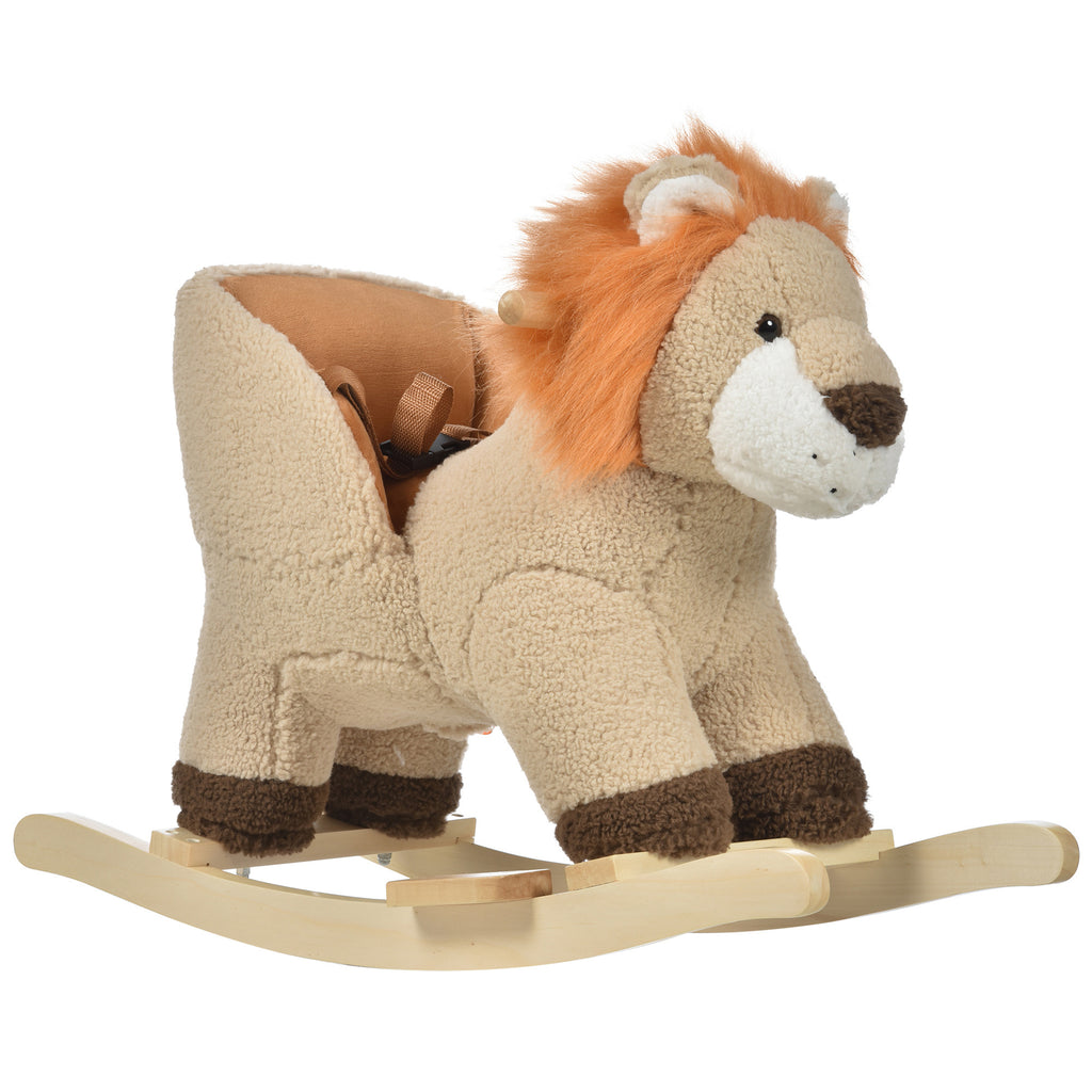 Qaba Baby Rocking Horse Lion with Sound, Plush Stuffed Rocking Animals, Wooden Rocking Horse with Seat Belt for 18-36 Months Boys and Girls Gift, Brown