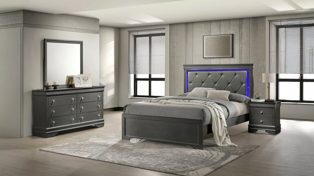 Blaze Upholstered Modern Style 4 Pc Twin Bedroom Set with LED Headboard Made with Wood in Metallic Gray(NJ INVENTORY)