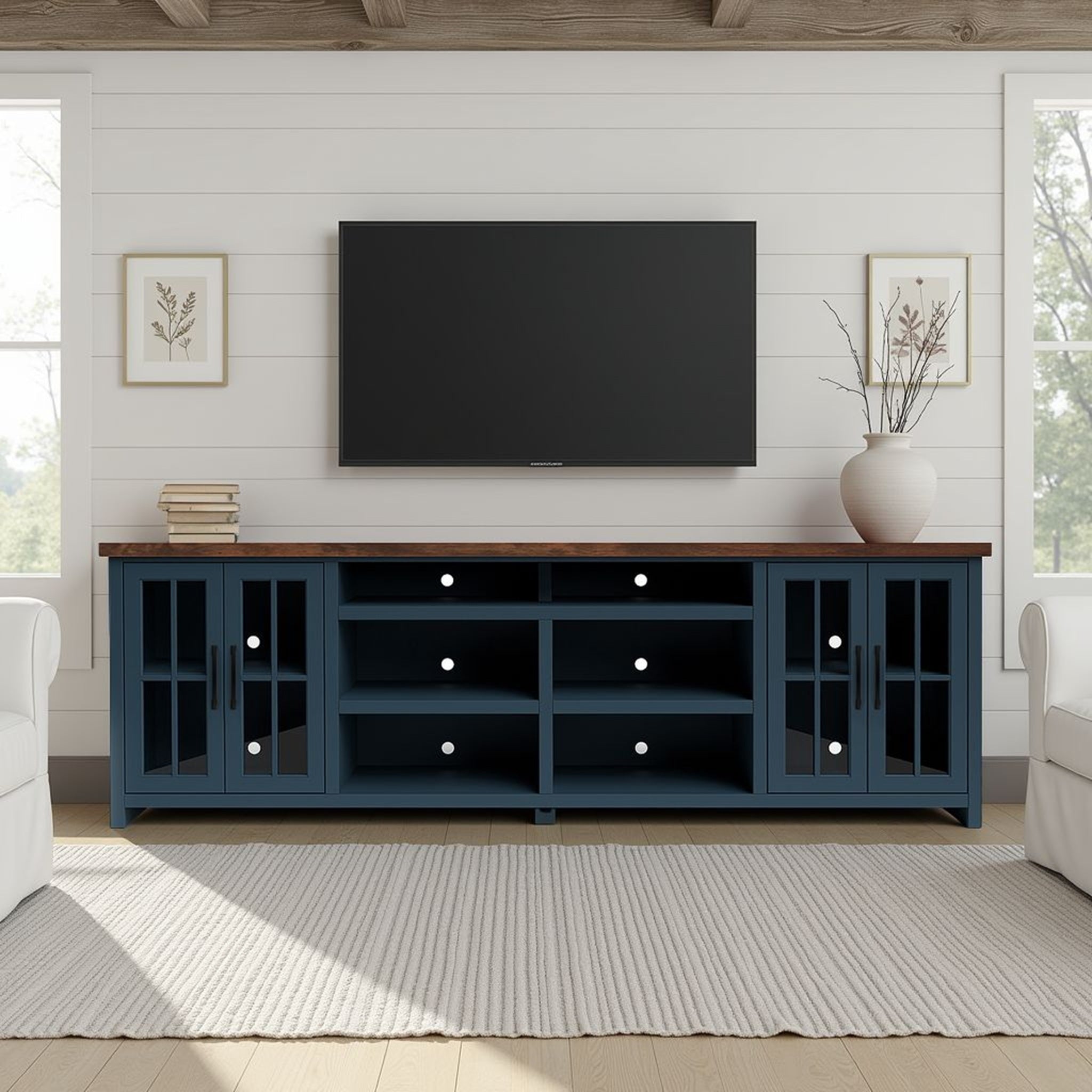 96 inch TV Stand Console for TVs up to 100 inches, No Assembly Requried, Blue Denim and Whiskey Finish