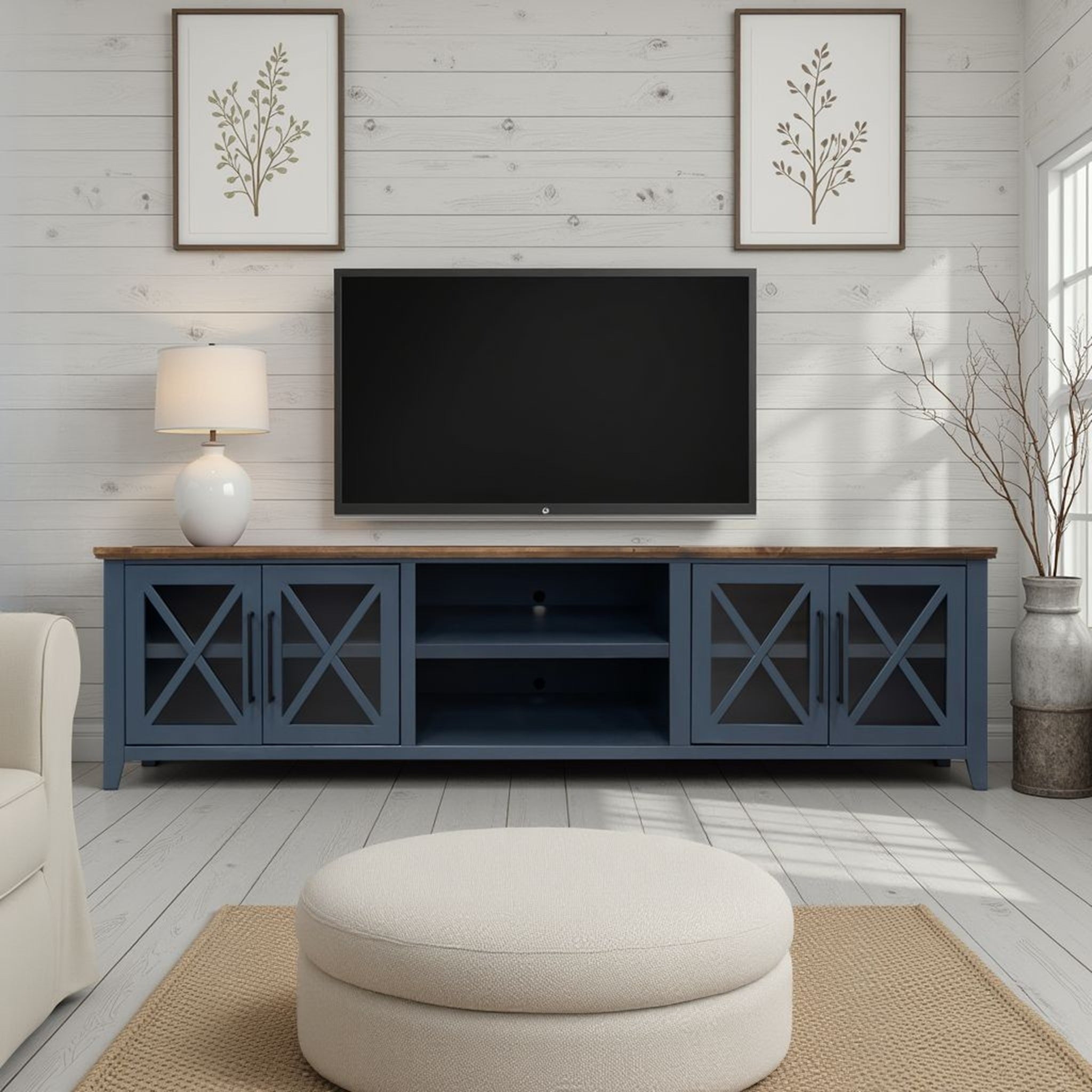 Ithaca 96 inch TV Stand Console, For TVs up to 100 inches, No Assembly Required, Blue and Bourbon Finish