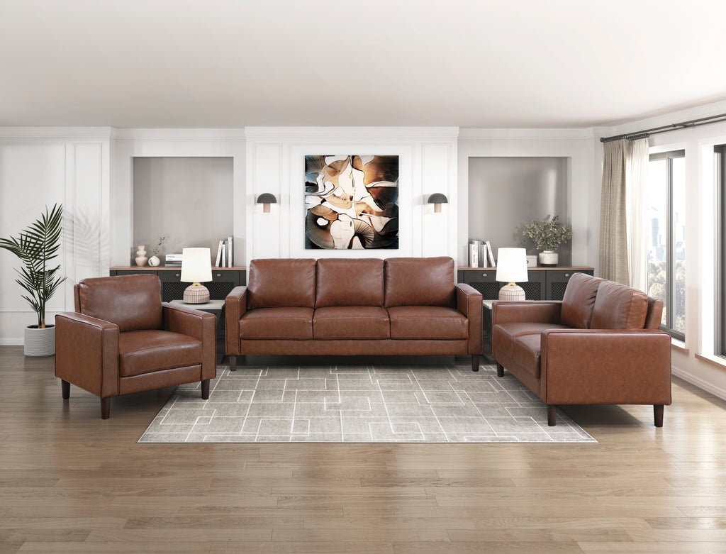 Modern Living Room Furniture 3pc Set Sofa Loveseat Chair Chocolate Faux Leather Upholstered Cushion Back Seat Solid Wood