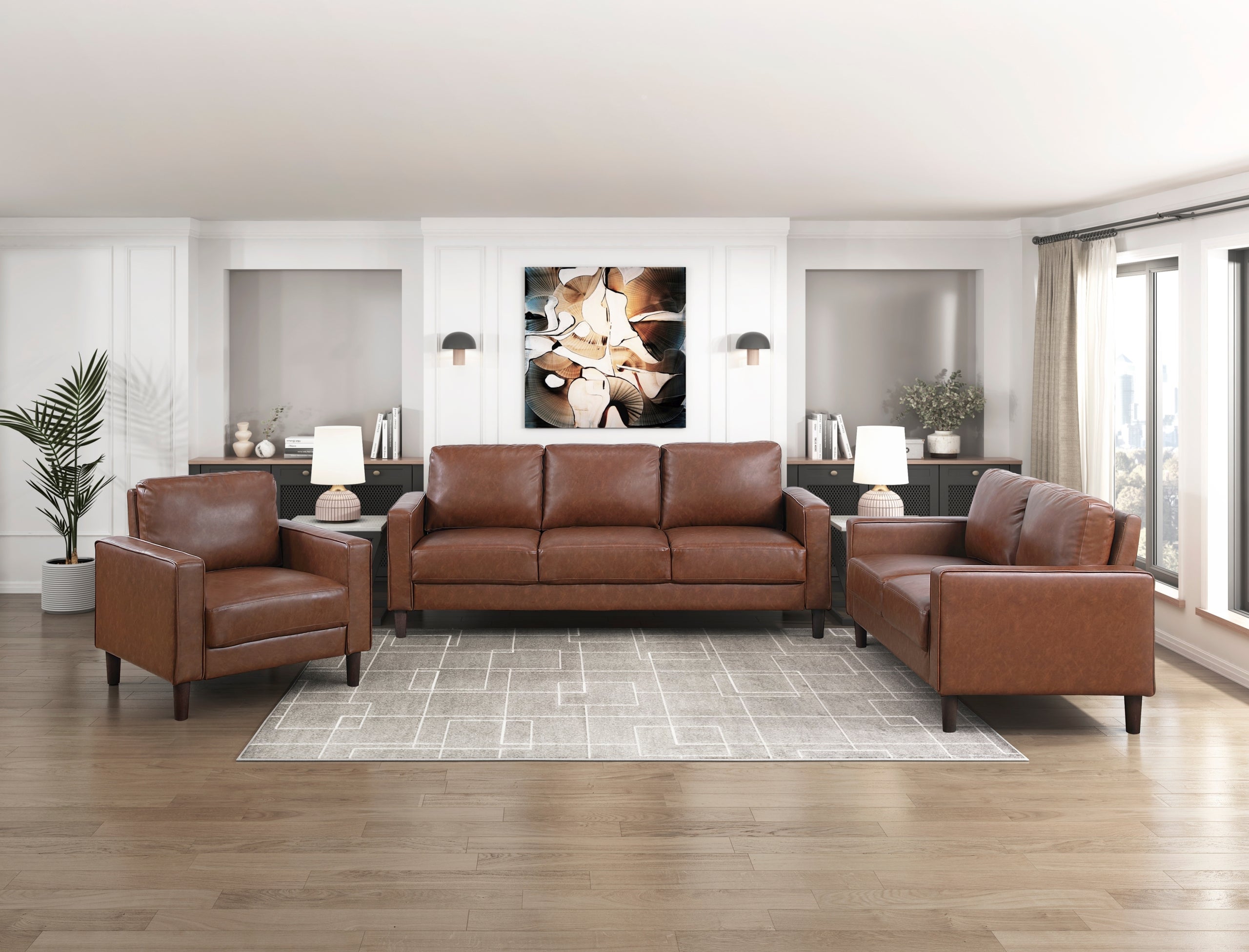 Modern Living Room Furniture 3pc Set Sofa Loveseat Chair Chocolate Faux Leather Upholstered Cushion Back Seat Solid Wood