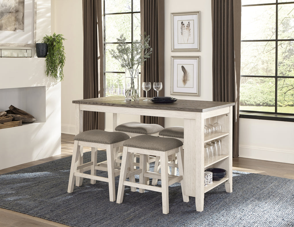 Antique White Finish 5pc Counter Height Set Multifunctional Counter Height Table with 4 Stools Brown Fabric Upholstered Nailhead Trim Dining Room Furniture