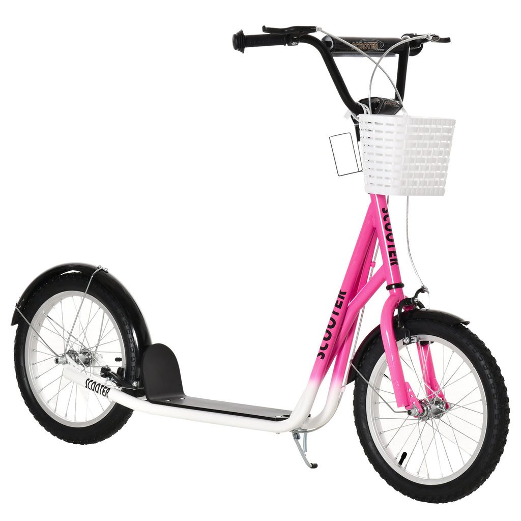 Youth Scooter, Kick Scooter with Adjustable Handlebars, Double Brakes, 16' Inflatable Rubber Tires, Basket, Cupholder, Pink