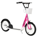 Youth Scooter, Kick Scooter with Adjustable Handlebars, Double Brakes, 16' Inflatable Rubber Tires, Basket, Cupholder, Pink