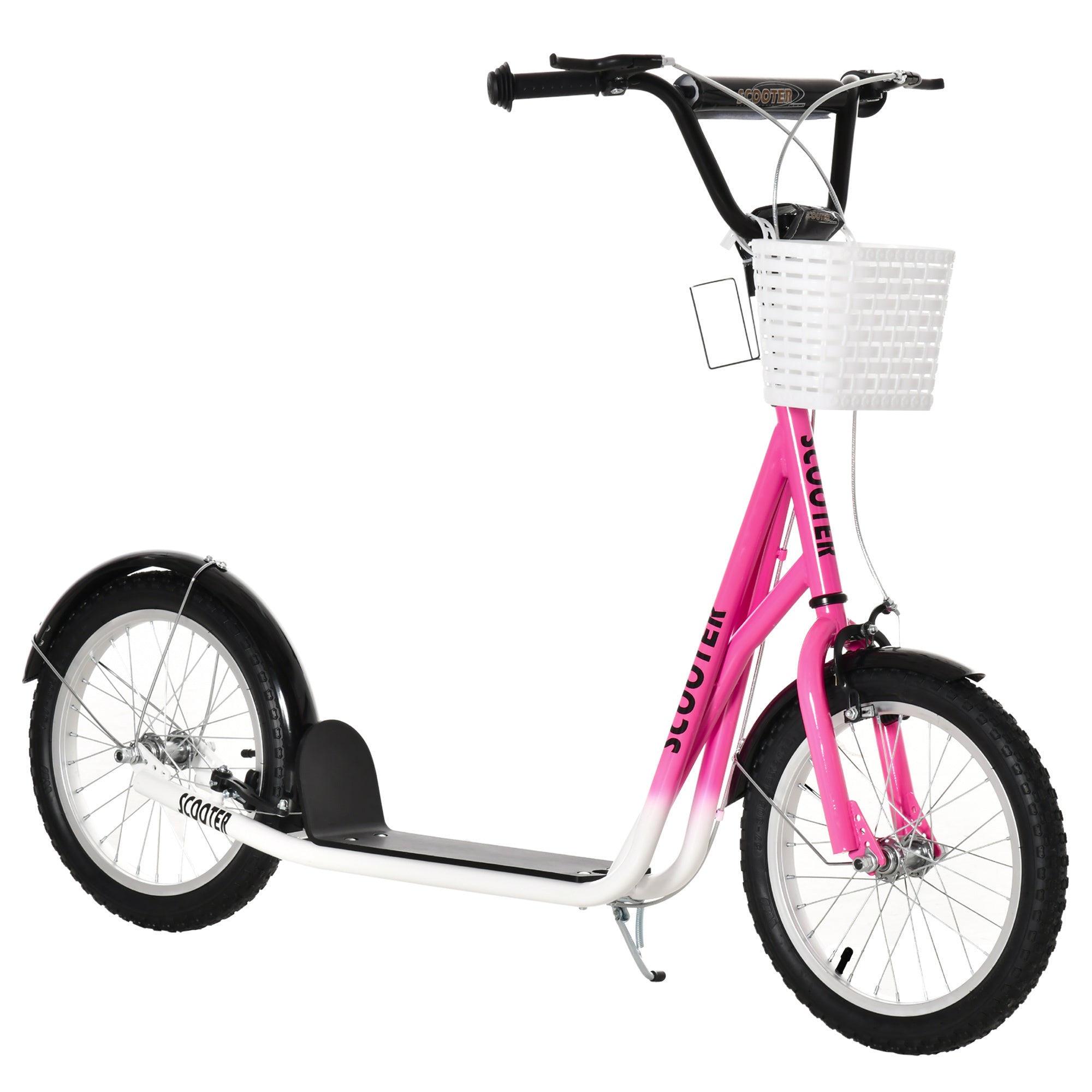 Youth Scooter, Kick Scooter with Adjustable Handlebars, Double Brakes, 16' Inflatable Rubber Tires, Basket, Cupholder, Pink