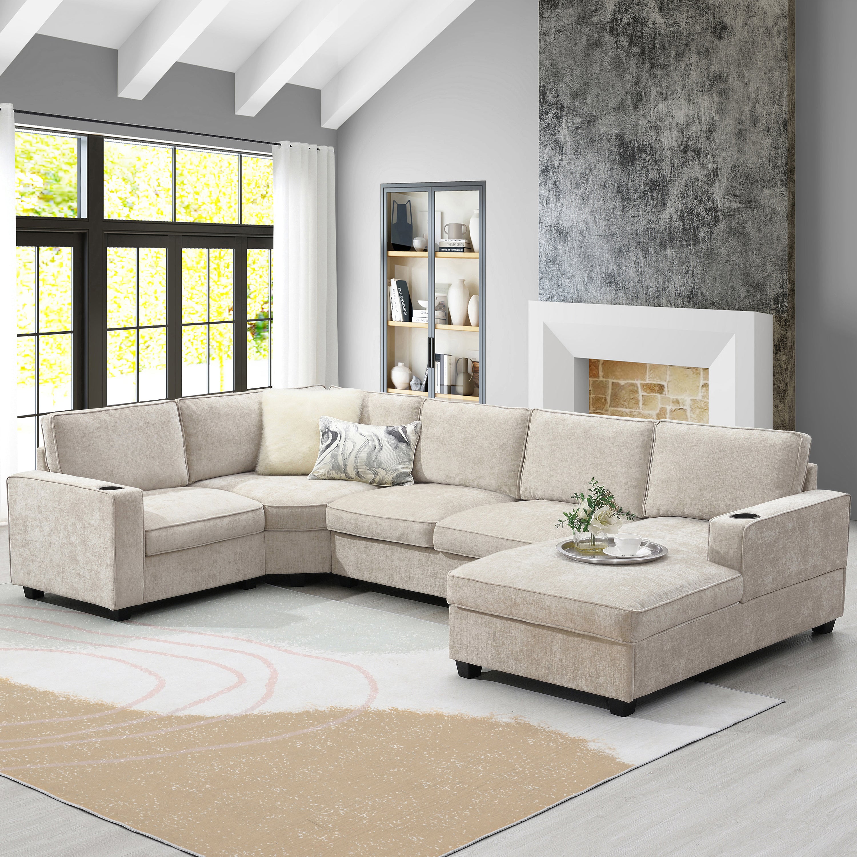 [VIDEO]119' U-Shaped Sectional Sofa, 6 Seat Chenille Corner Couch Set with Cup Holders, Oversized Chaise Lounge, Irregular Corner, Deep and Wide Seat, Comfy Sofa for Living Room&Apartment, 2 Colors