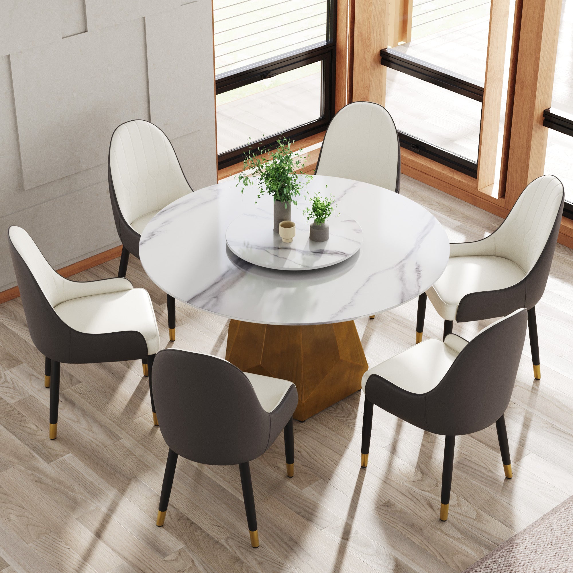 53' Round Marble Dining Table with Metal Base, Artificial Marble for 6 People, 23.62'White Artificial Stone Turntable,White (Dining Table Only)