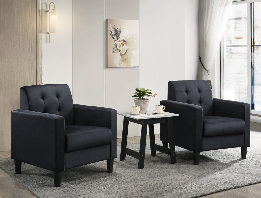 Ezio Black Velvet Armchairs and End Table Living Room Set