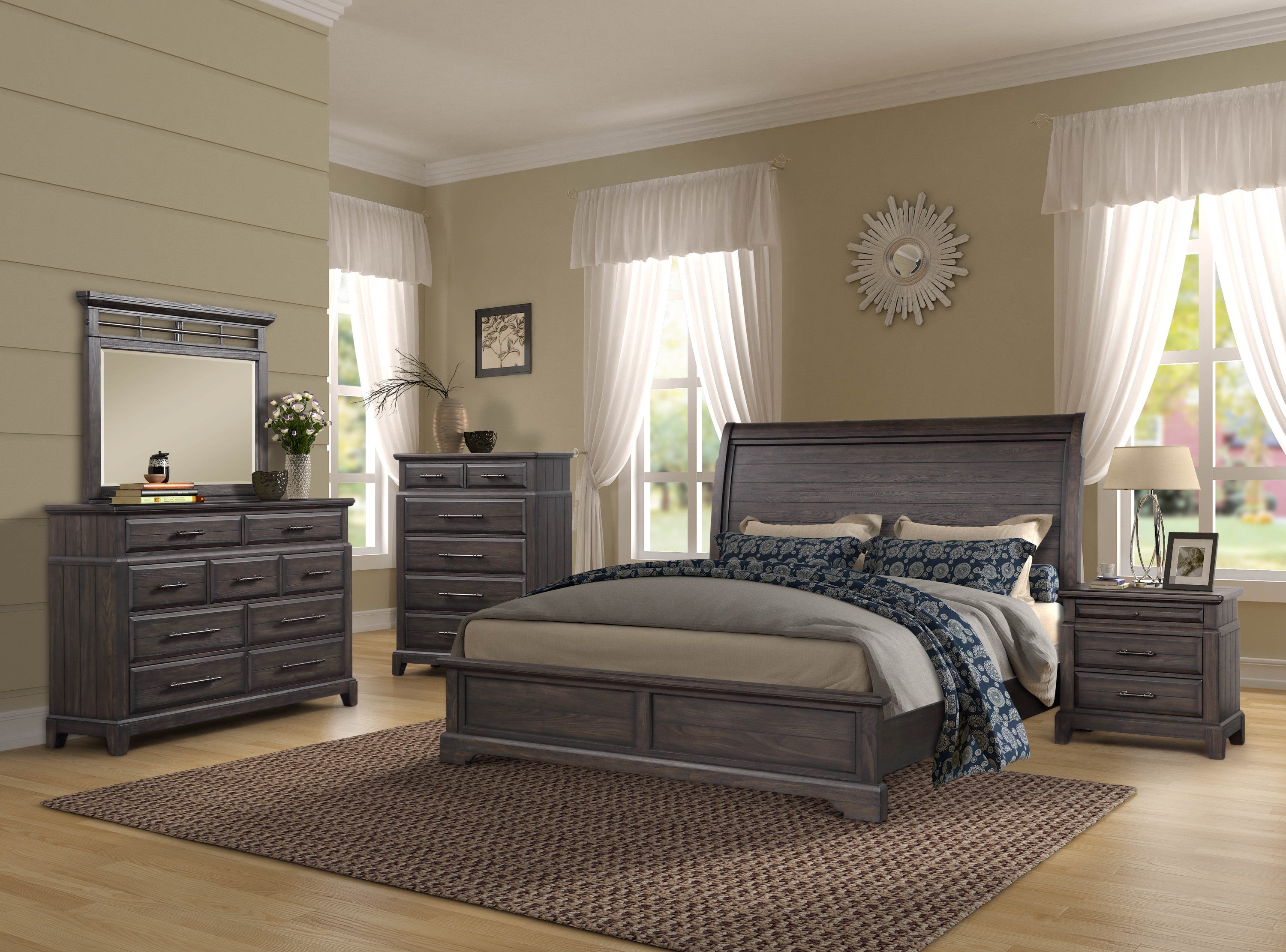 Queen Sleigh Bed with dresser mirror chest and nightstand