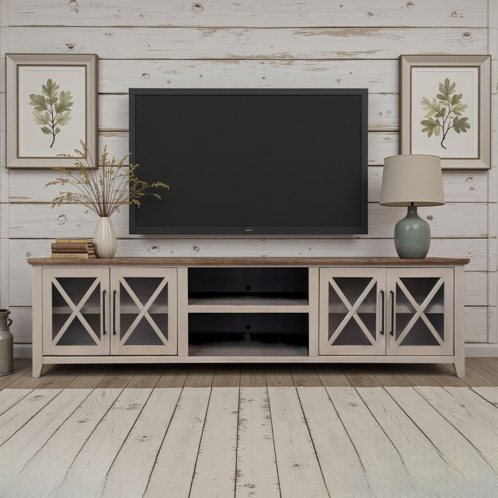 Ithaca 96 inch TV Stand Console, For TVs up to 100 inches, No Assembly Required, Sandstone and Bourbon Finish