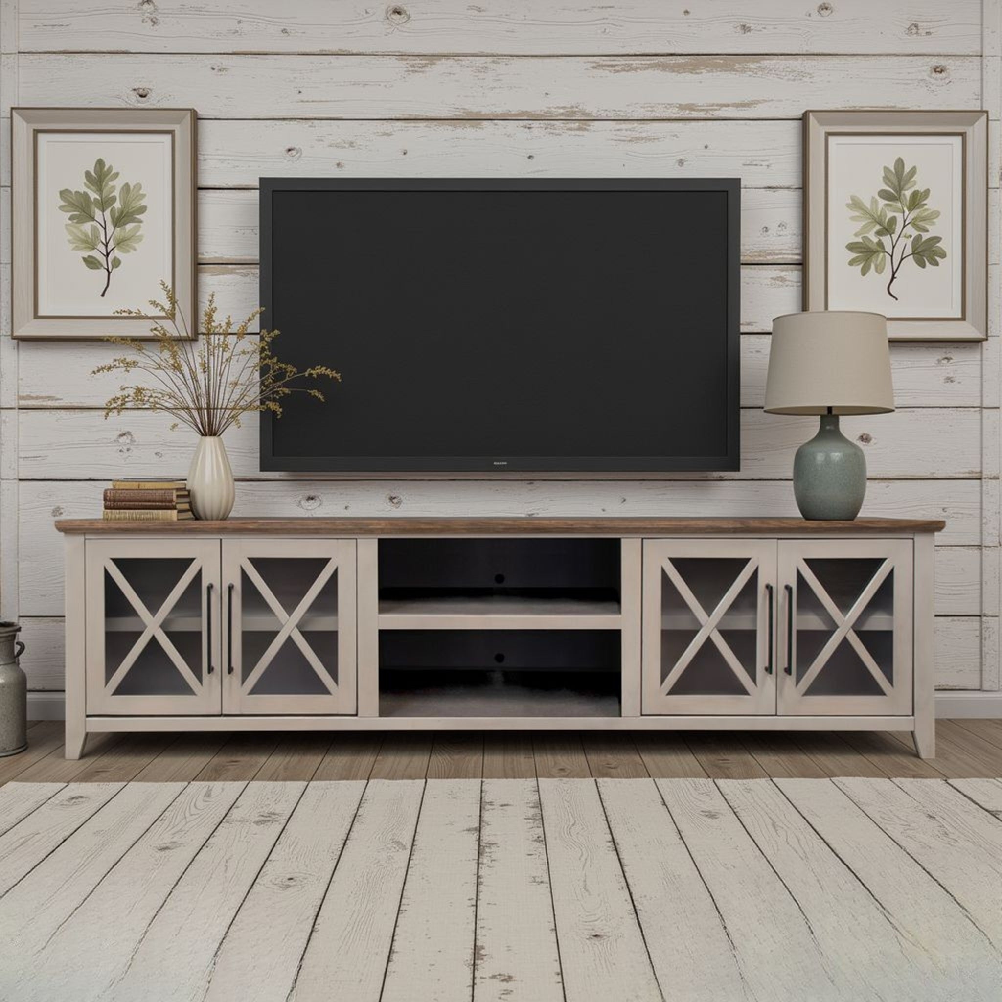 Ithaca 96 inch TV Stand Console, For TVs up to 100 inches, No Assembly Required, Sandstone and Bourbon Finish