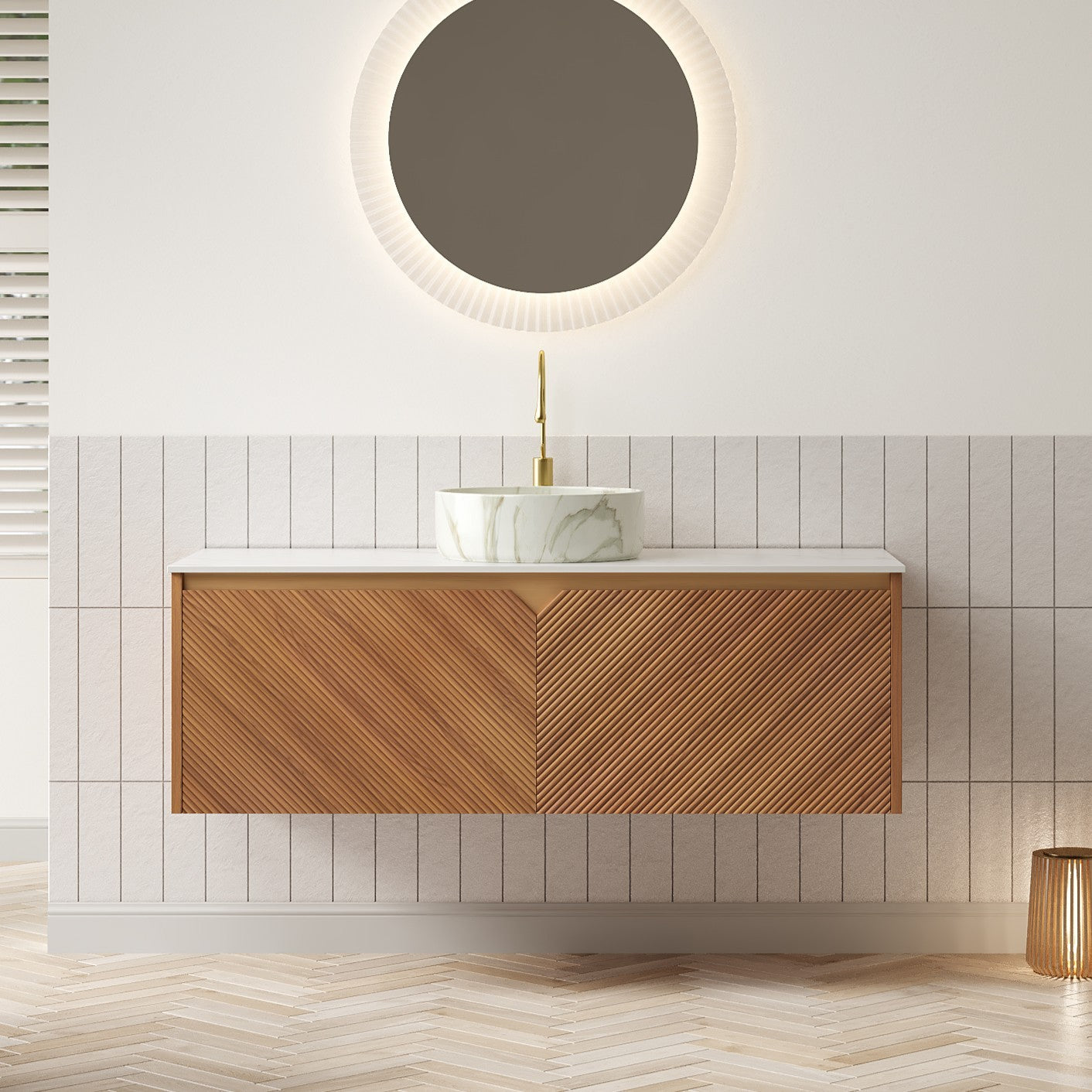 RUBEN 48' Bathroom Vanity&Sink, Floating Plywood Storage Cabinet, Twill Double Doors with Metal Trim, Stone Pattern White Round Ceramic Vessel Basin&Sintered Stone Top, Brown Oak Woodgrain Color