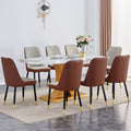 Table and chair set.71'x35.4'x30' Luxurious Pandora Patterned Glass Dining Tabletop with Golden Back To Back C-Shaped MDF Legs.Paried With 8 Brown and Light Gray Spliced Color PU Chairs.