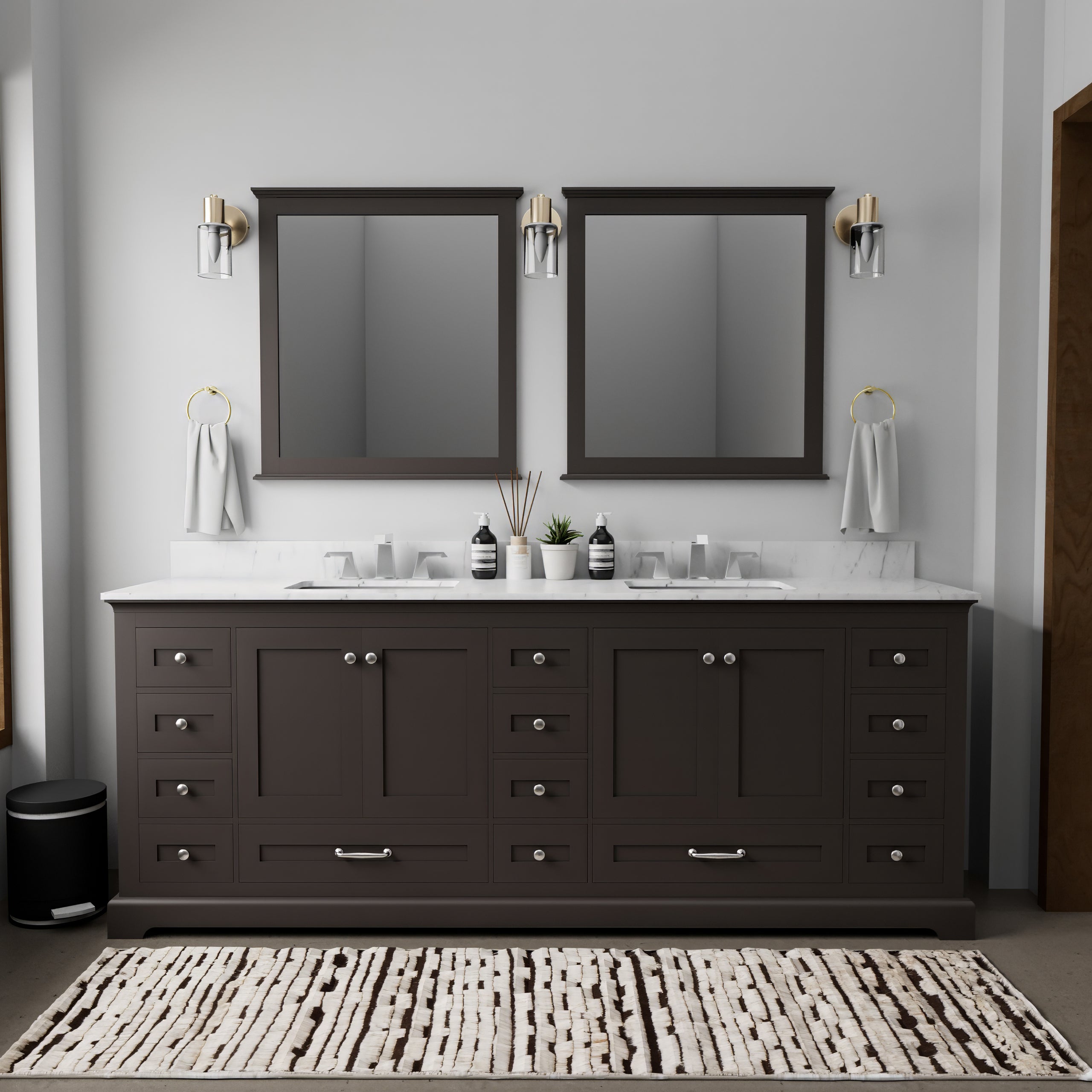 Espresso Double Bath Vanity 84 in. W x 22 in. D, Carrara Marble Top, Faucet Set, and 34 in. Mirrors