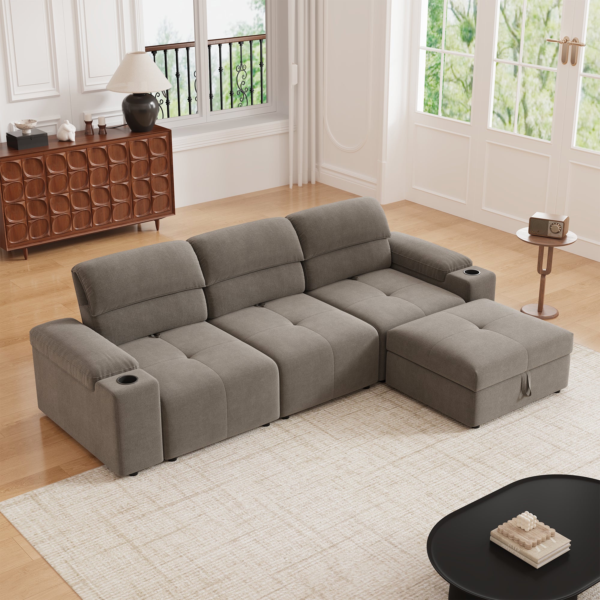 Modern L-shaped sectional sofa, 105-inch cloud sofa, adjustable backrest, 4-seat comfortable cotton fabric with a movable ottoman, available in two colors, suitable for bedrooms and apartments.