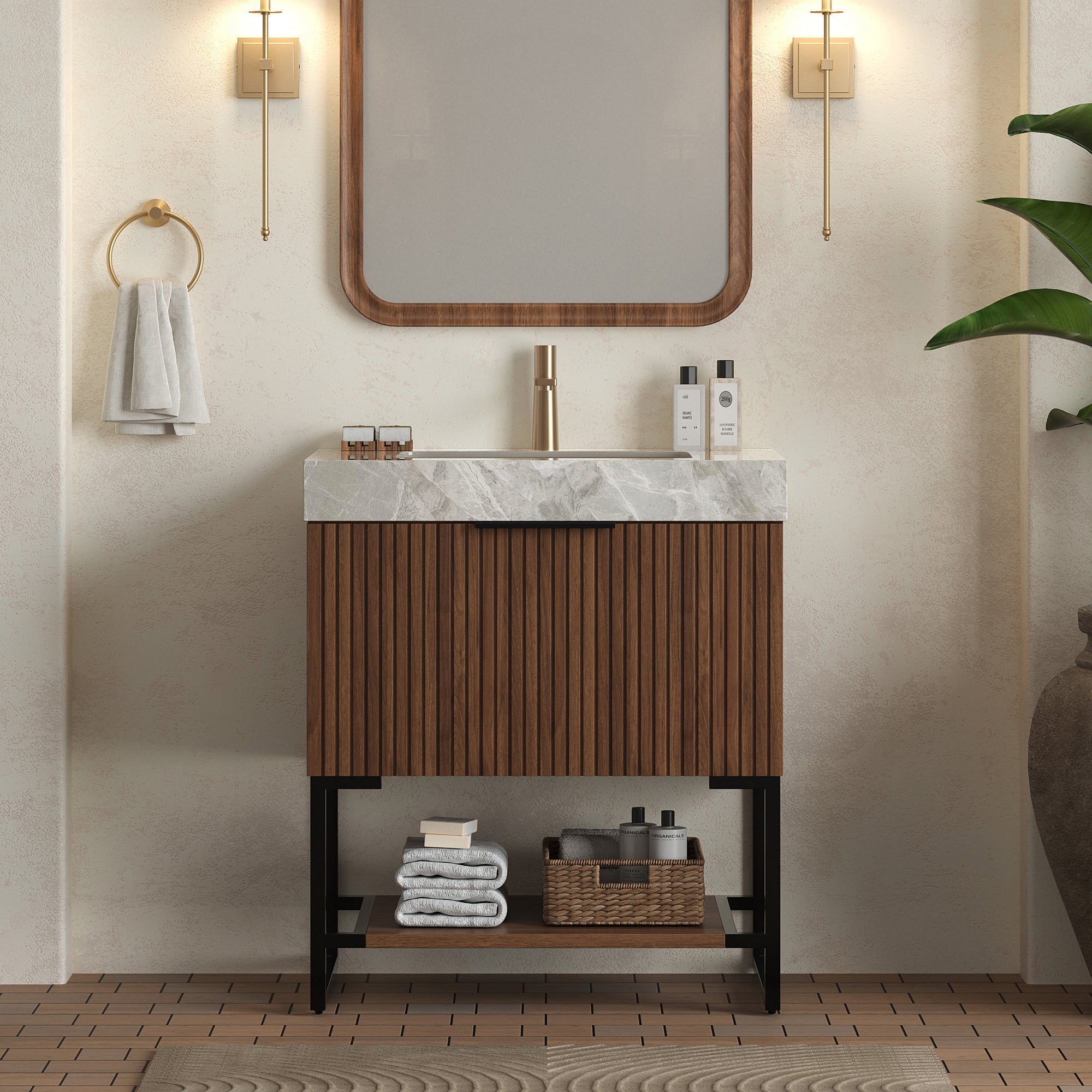 YOLAN 30' Bathroom Vanity&Sink, Freestanding Striped Plywood Storage Cabinet with Drawer&Open Shelf, Light Gray Sintered Stone Top&Undermount Ceramic Basin, Pre-assembled, Dark Walnut Woodgrain Color