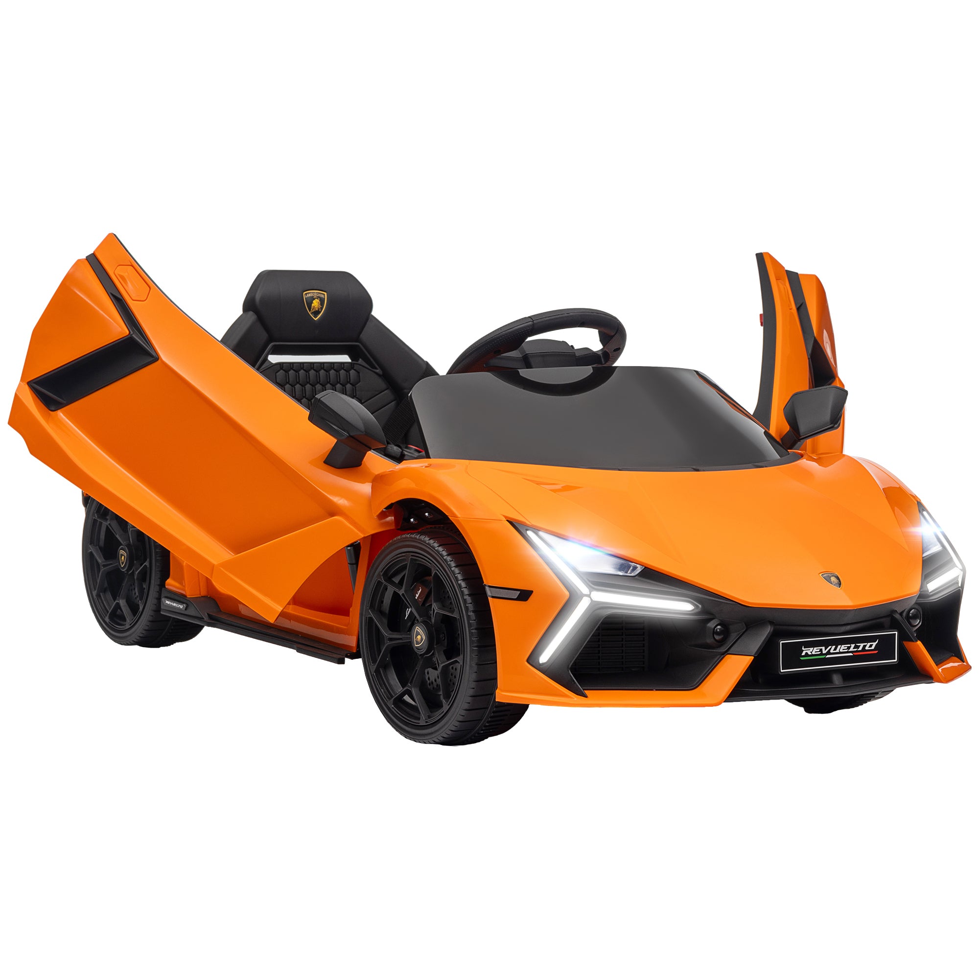 Qaba Lamborghini Revuelto Licensed 12V Kids Electric Car, Battery Powered Ride on Car with Hydraulic Doors, Remote Control, Transport Wheels, Spring Suspension, Music, Lights, 3 Speeds, Orange