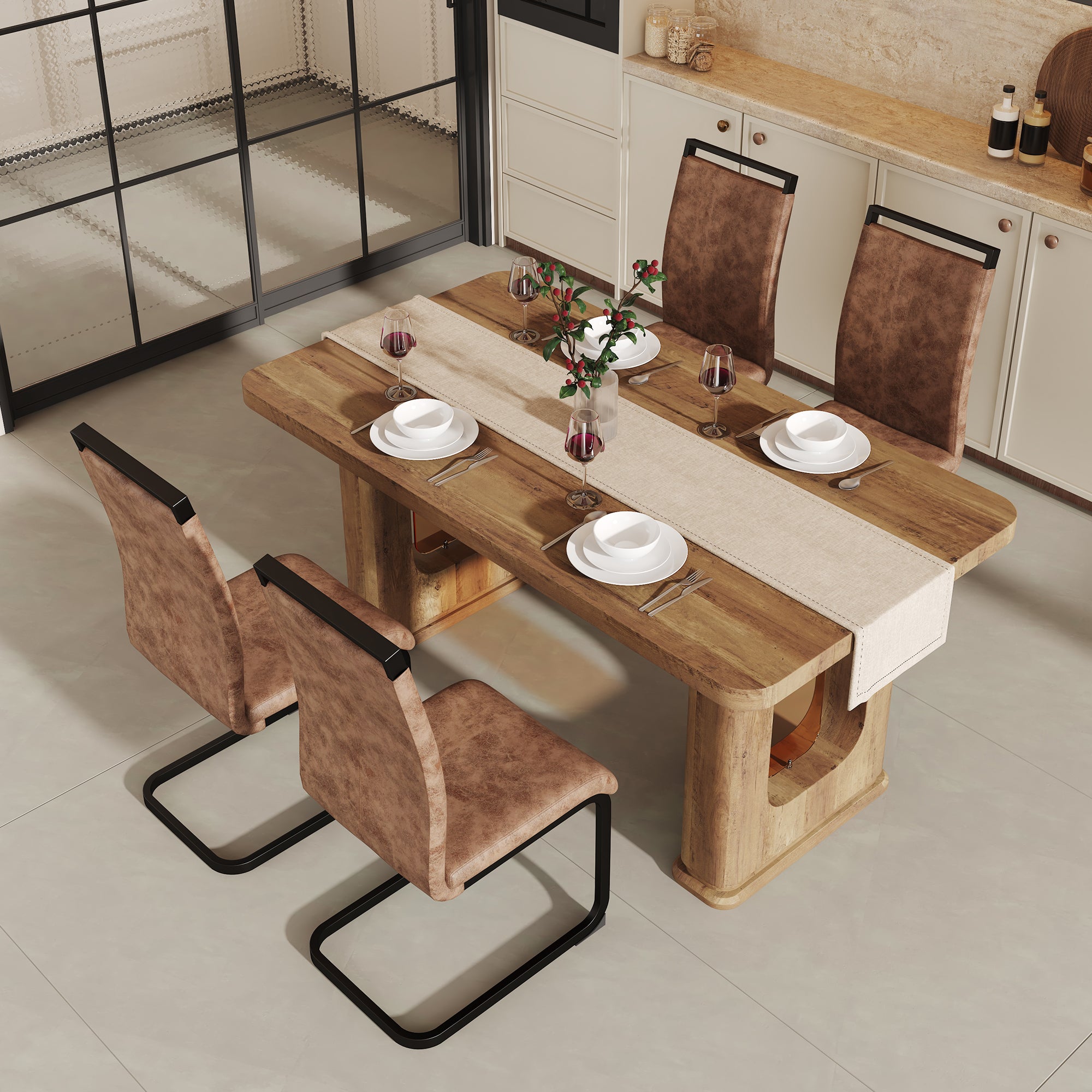 Table and chair set.64.5 x 35.4 Inch Stylish Wood Color Textured Dining Table.Perfectly Blending Simplicity And Transparency.Paried With 4 Brown technology fabric chairs with arched black legs.