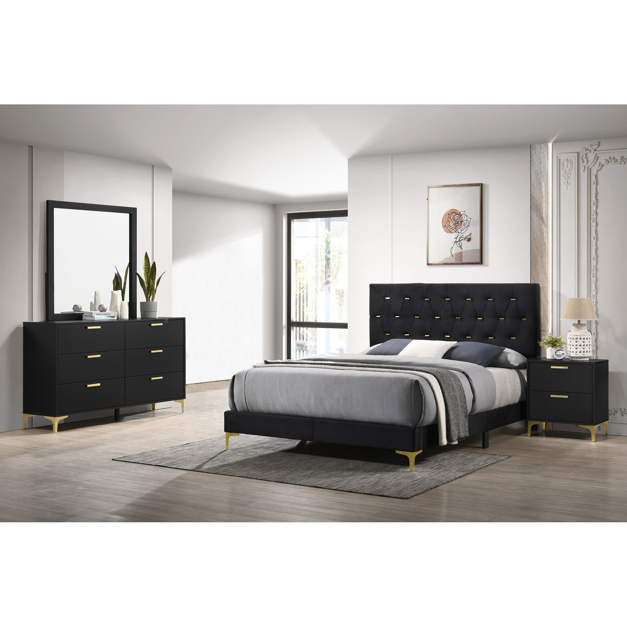 Lexie Black/Gold 4-piece Tufted Panel Queen Bedroom Set