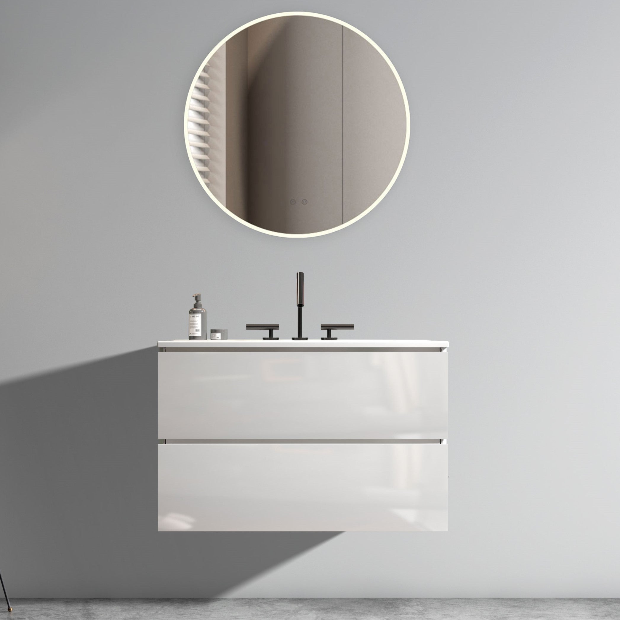 TIA 30' Wall Mount Glossy White Bathroom Vanity with Ceramic Sink with Three Faucet Holes, Large Storage Floating Bathroom Vanity for Modern Bathroom, Pre-assembled