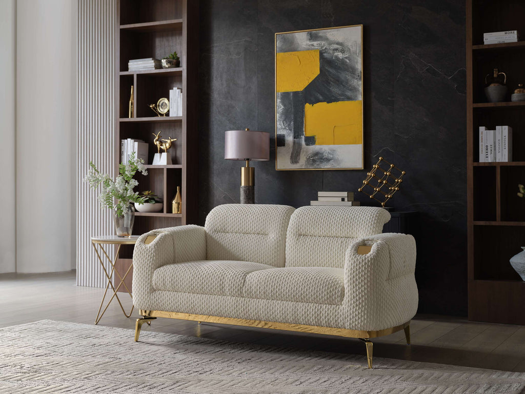 Zoe Modern style Loveseat made with wood and Gold accents in Cream  same as B009P303217 (CA Warehouse inventory)