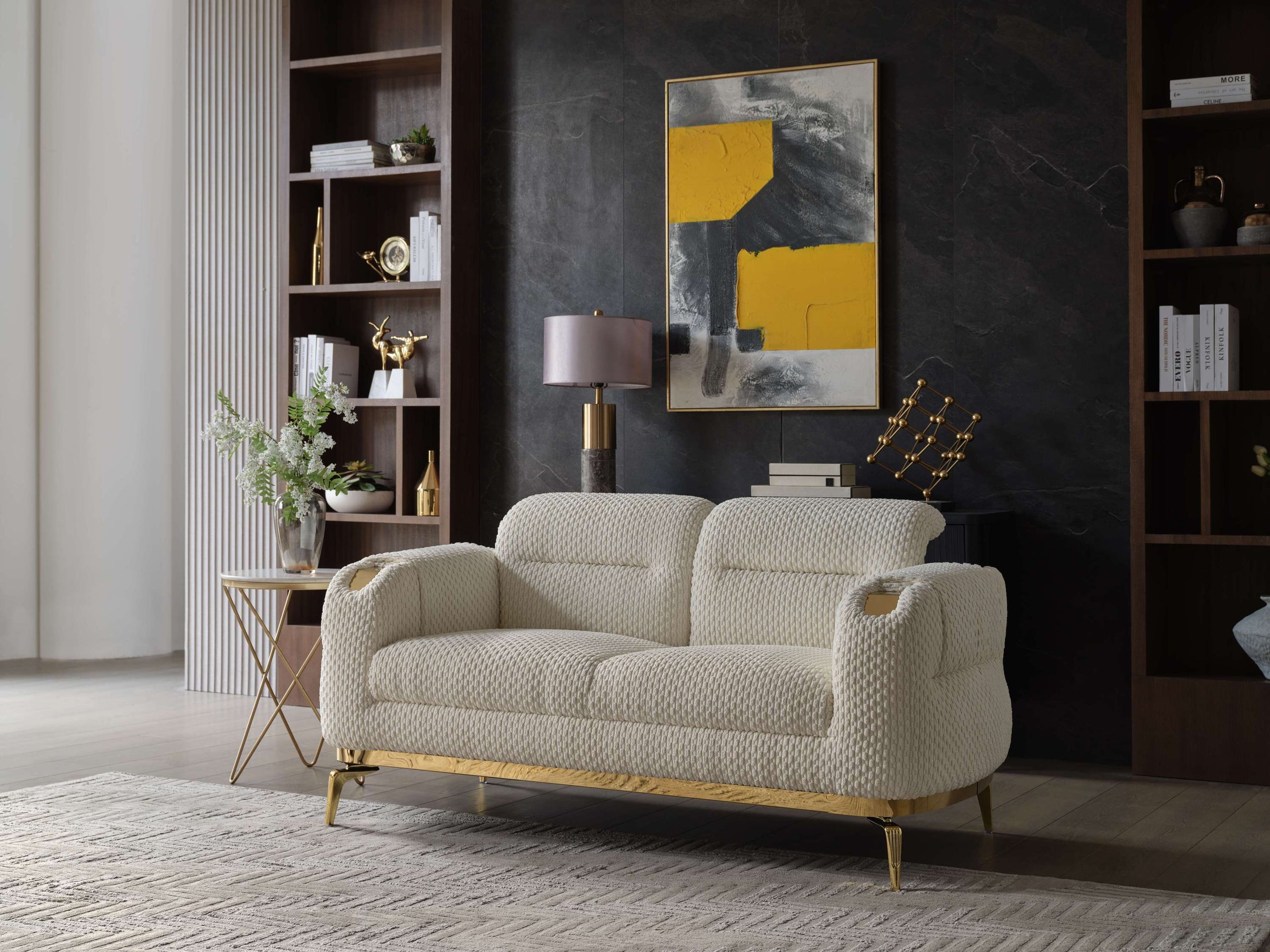 Zoe Modern style Loveseat made with wood and Gold accents in Cream  same as B009P303217 (CA Warehouse inventory)