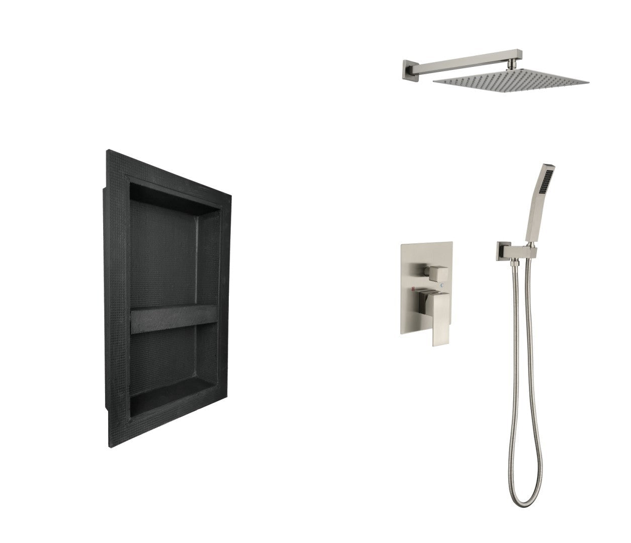 Shower System with Shower Head, Hand Shower, Hose, Valve Trim, Lever Handles and Niche