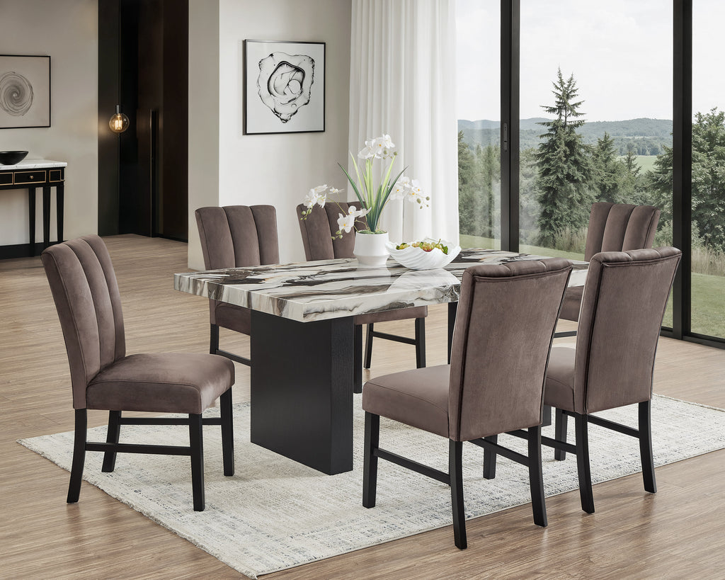 7pc Beautiful Black/Brown Faux Marble Dining Set Square Table Upholstered Gently Curved Chair Dining Room Wooden Furniture Black, Brown, Mocha, Beige
