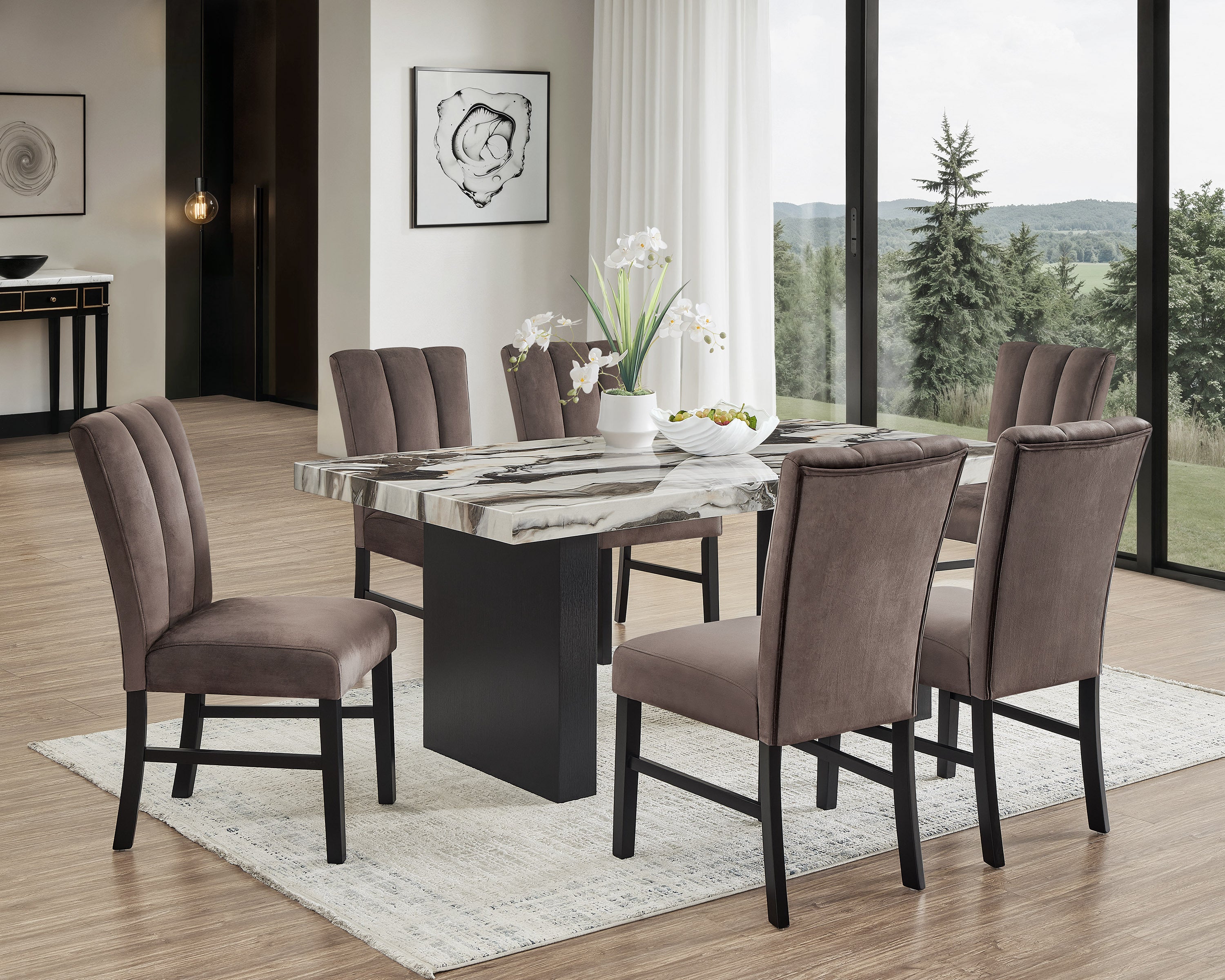 7pc Beautiful Black/Brown Faux Marble Dining Set Square Table Upholstered Gently Curved Chair Dining Room Wooden Furniture Black, Brown, Mocha, Beige