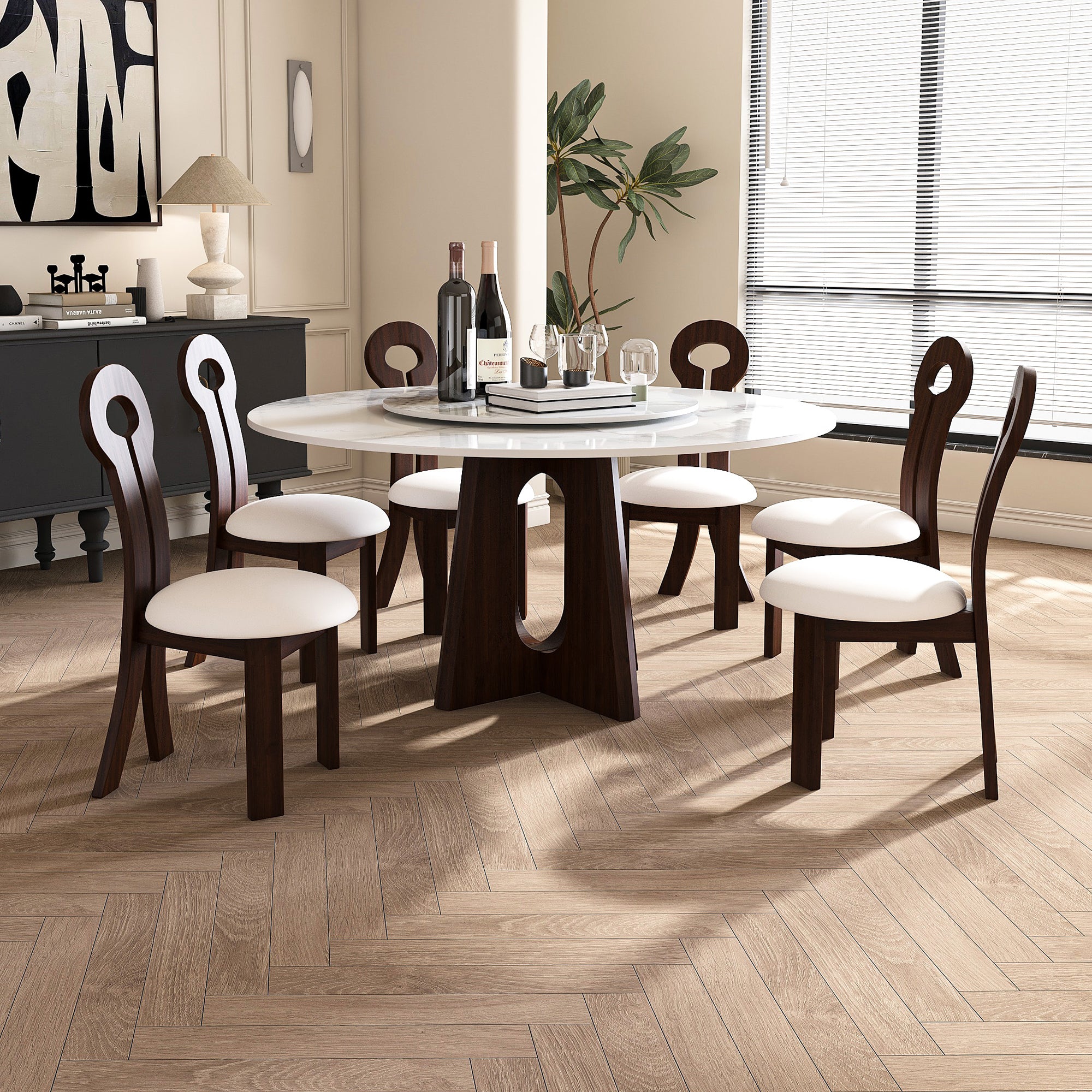 Modern Marble Dining Table, 59' Sintered Stone Round Dining Table with Solid Wood Walnut Base, Sturdy Cross Design for 6-8 People-Walnut (with 6 Chairs)