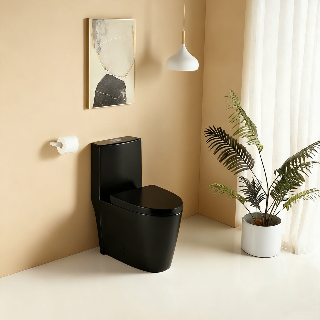 1.1/1.60 GPF Dual-Flush One Piece Toilet, Water-Saving Elongated Comfort Height Floor Mounted, Soft Close Seat, 1000 Gram Map Flushing Score Toilet, Matte Black GF-26T01-MB